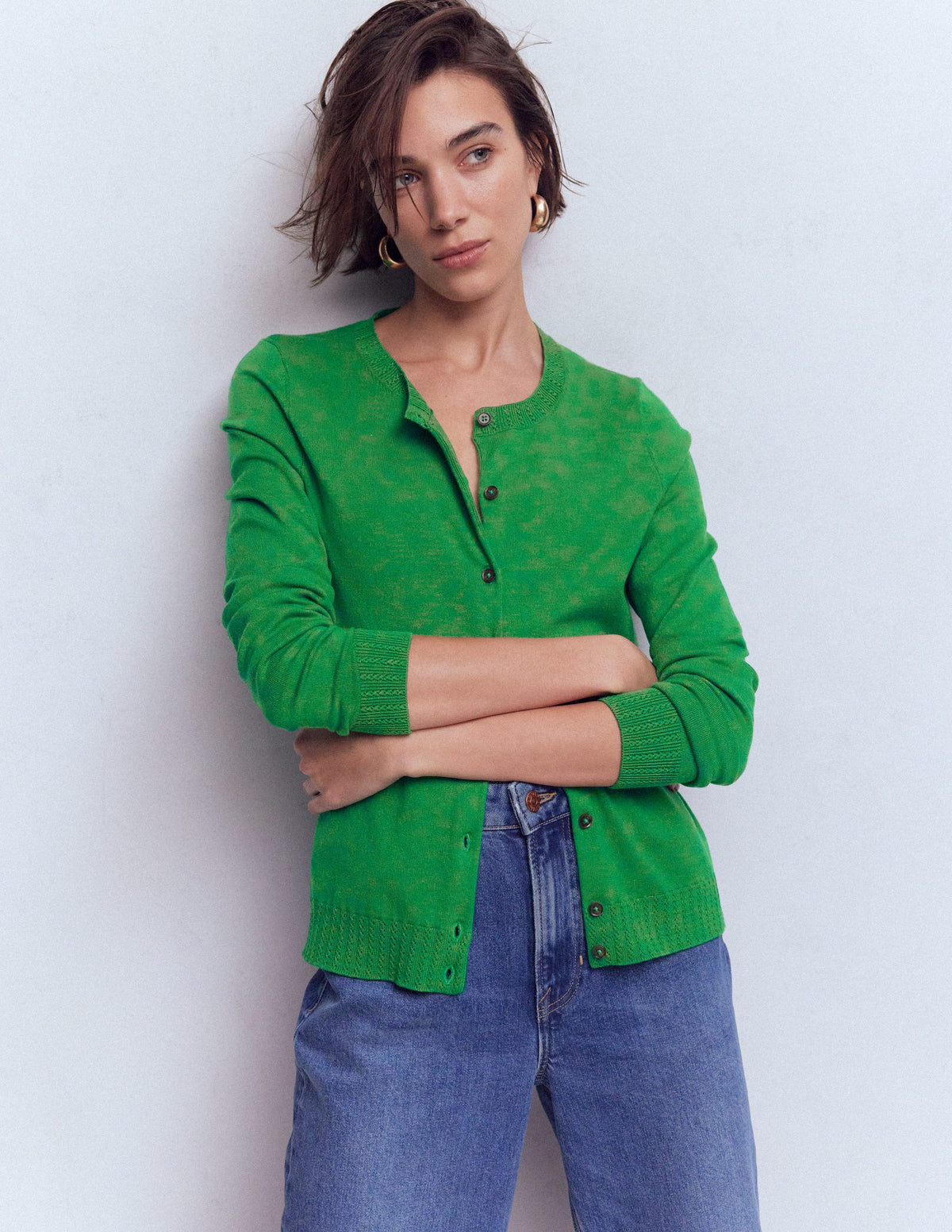 Emilia Cotton Crew Cardigan-Rich Emerald - Image 4