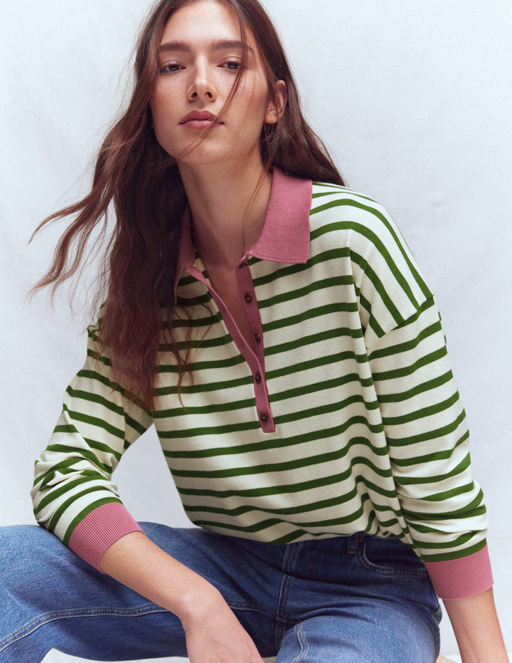 Lara Cotton Henley Jumper-Warm Ivory, Courtyard Stripe
