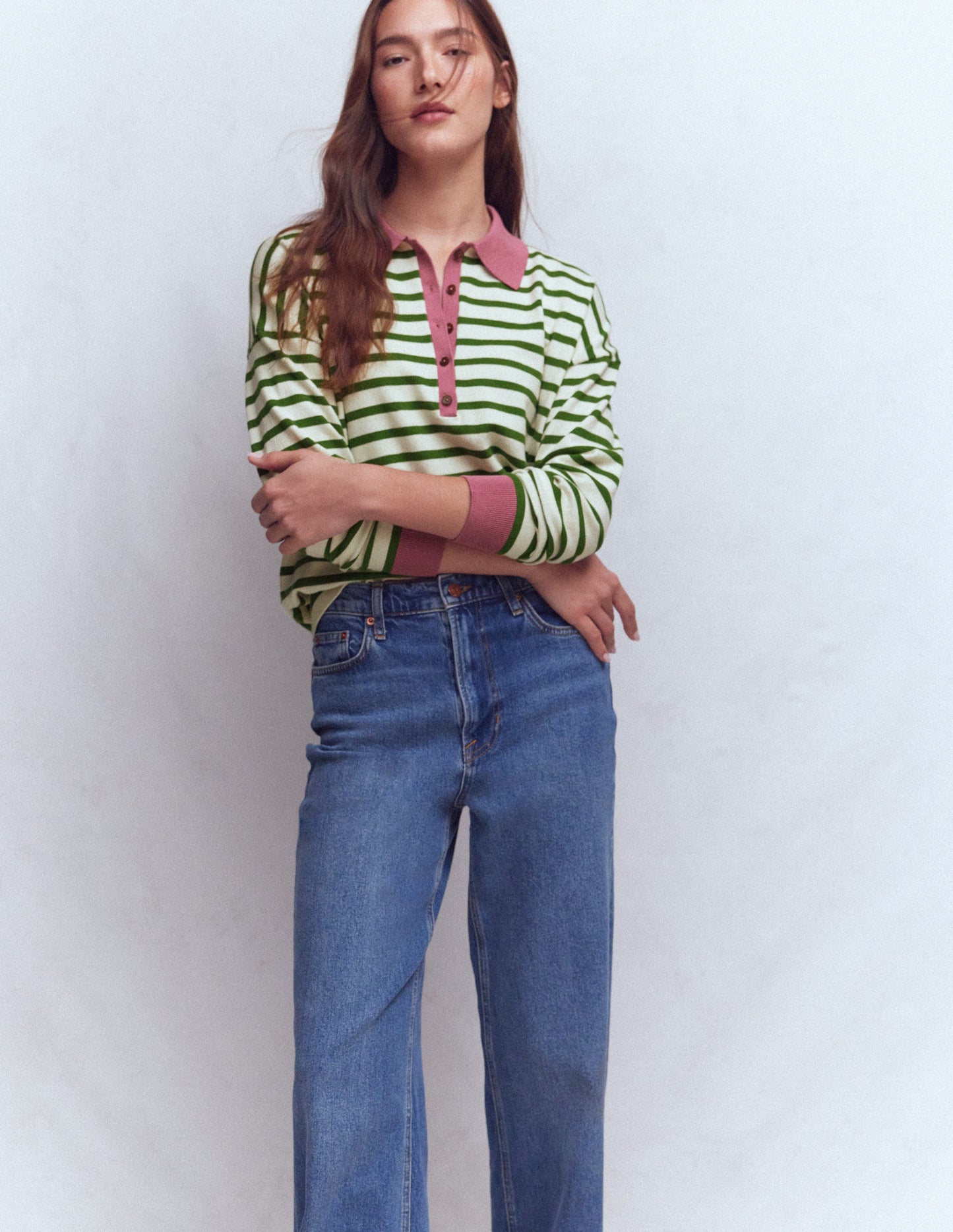 Lara Cotton Henley Jumper-Warm Ivory, Courtyard Stripe