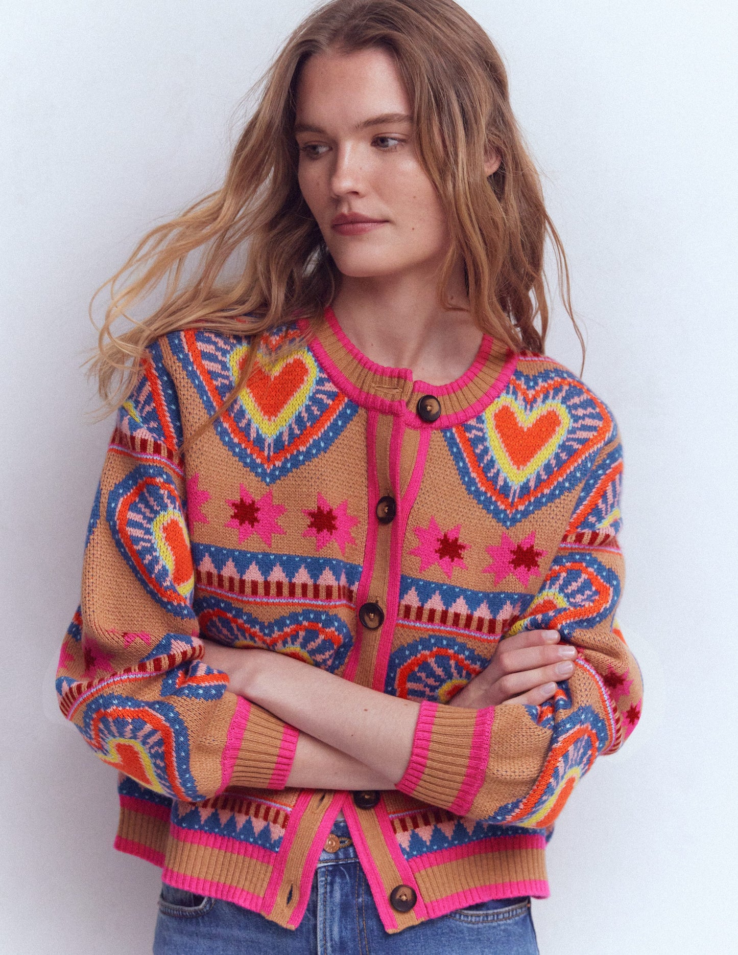 Abi Jacquard Cardigan-Camel Melange, Hearts