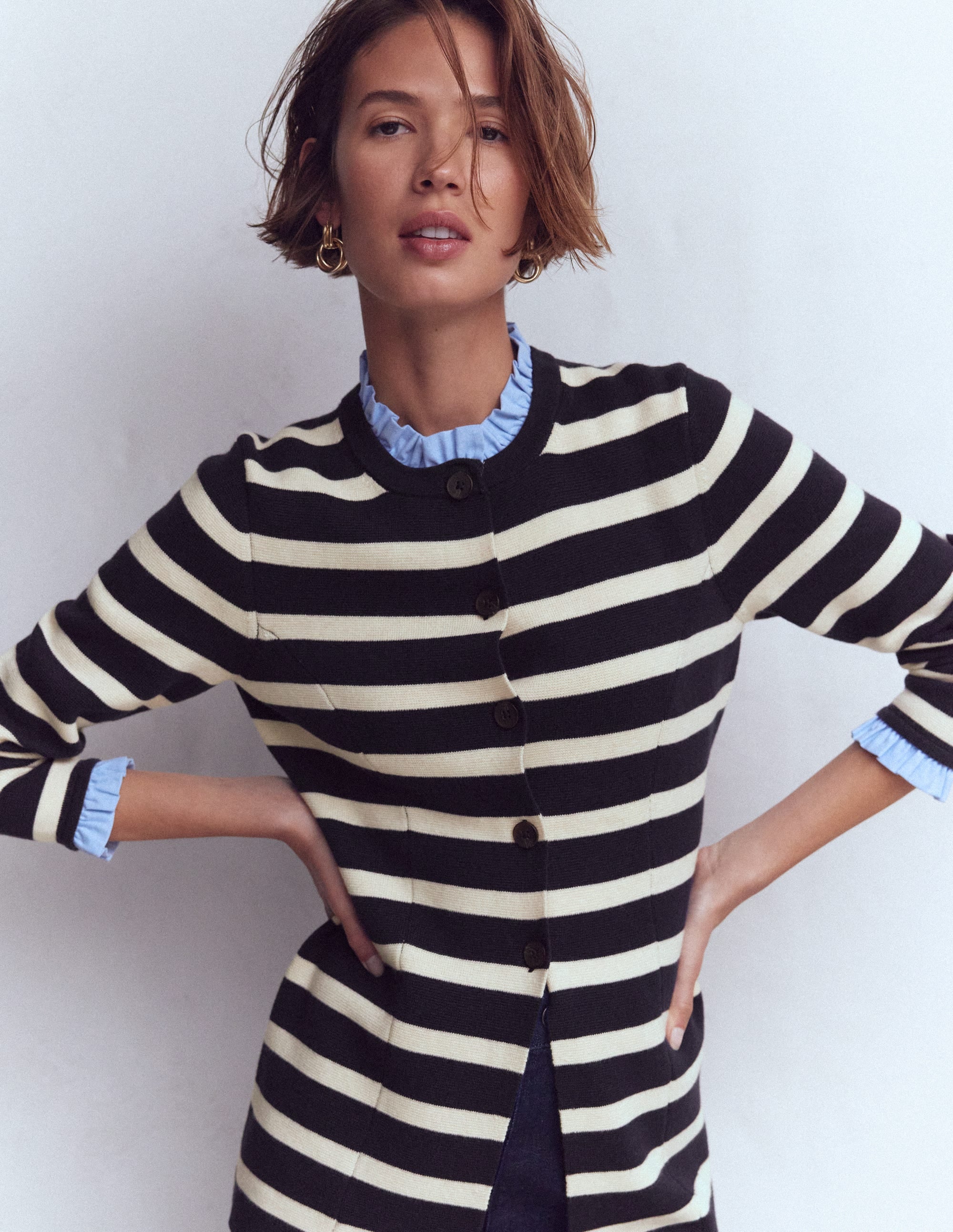 Joanna Fitted Knitted Jacket-Navy/ Warm Ivory Stripe - Image 1