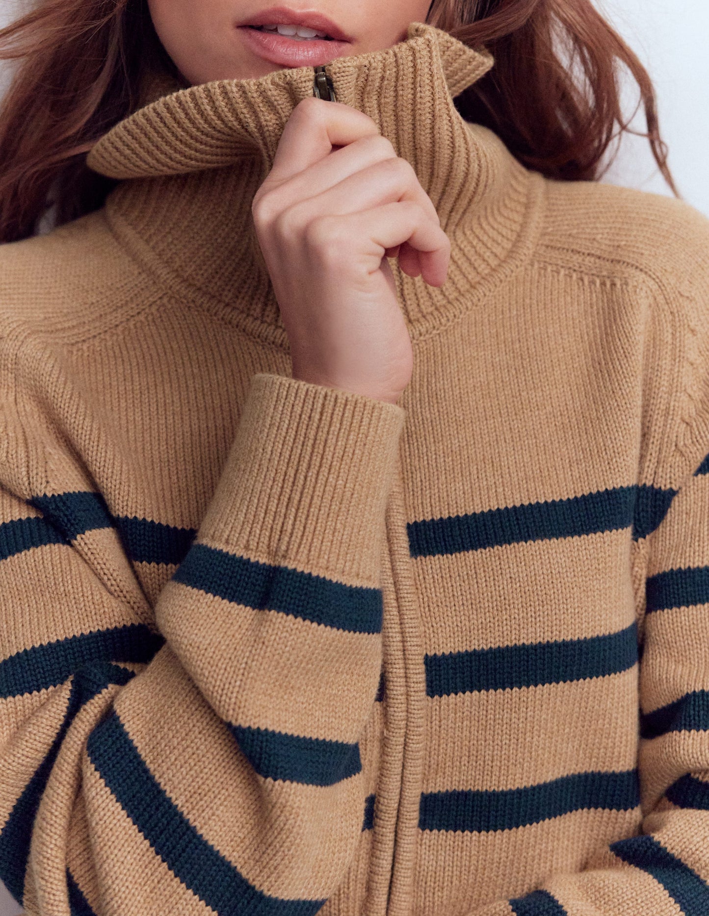 Lucy Half-zip Sweater-Camel Melange, Navy Stripe