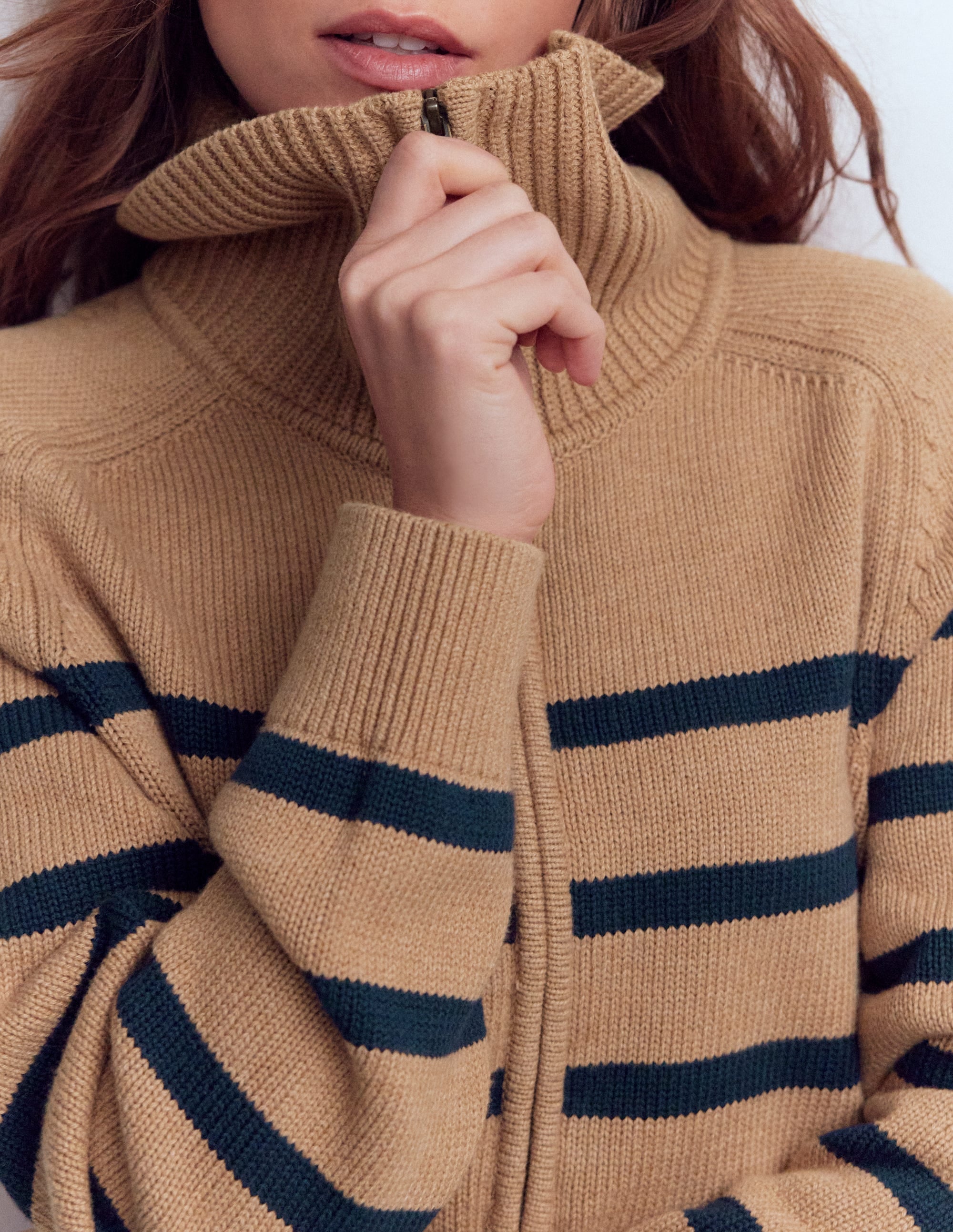 Lucy Half Zip Sweater-Camel Melange, Navy Stripe - Image 2