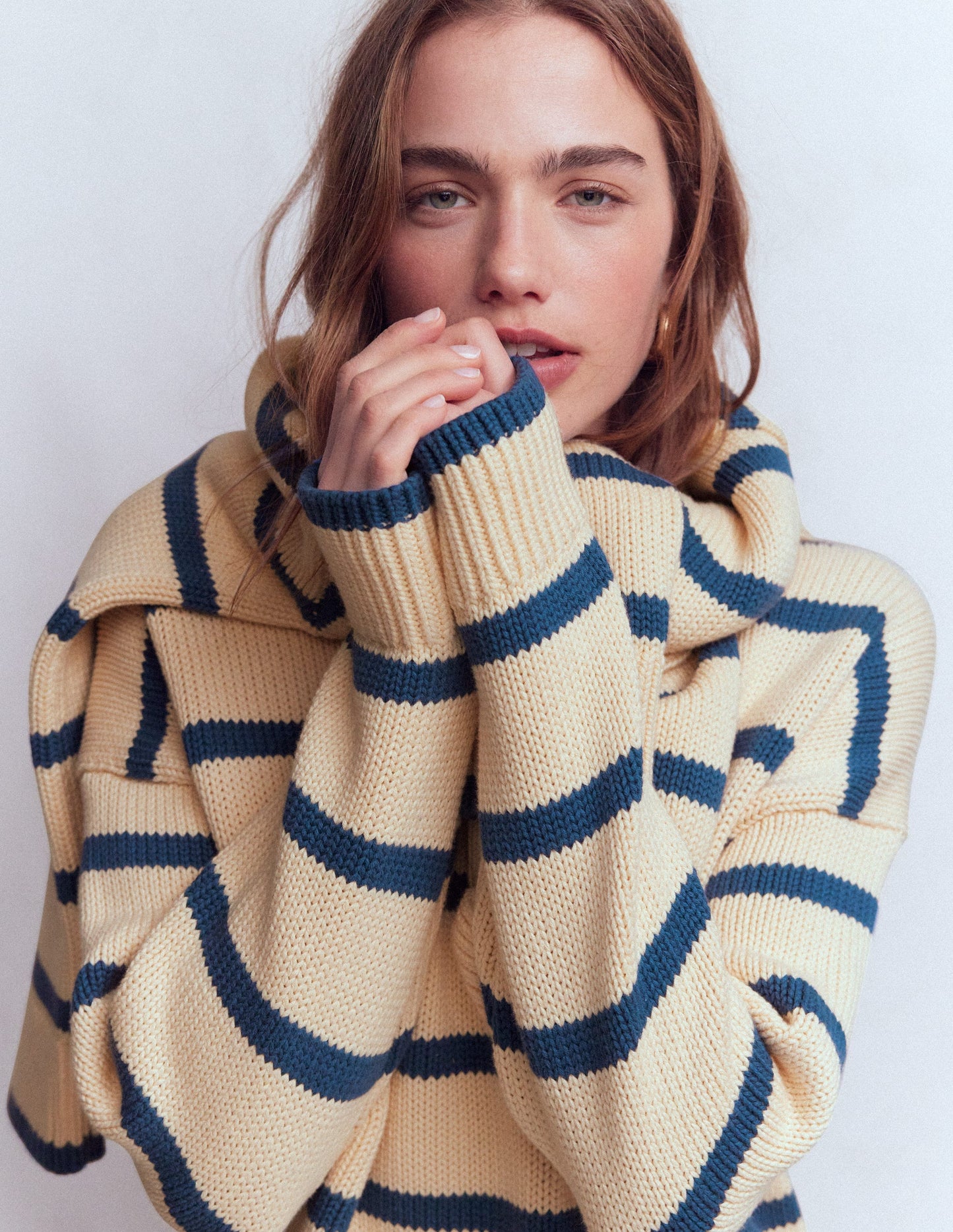 Lucy Oversized Cotton Jumper-Almond Milk/ Denim Blue Stripe