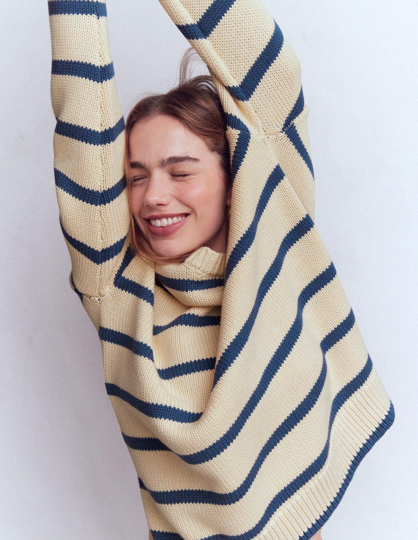 Lucy Oversized Cotton Jumper-Almond Milk/ Denim Blue Stripe