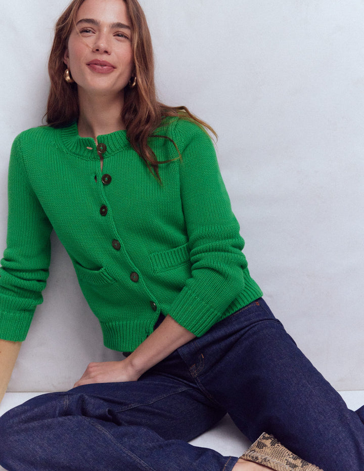 Lucy Chunky Cotton Cardigan-Rich Emerald