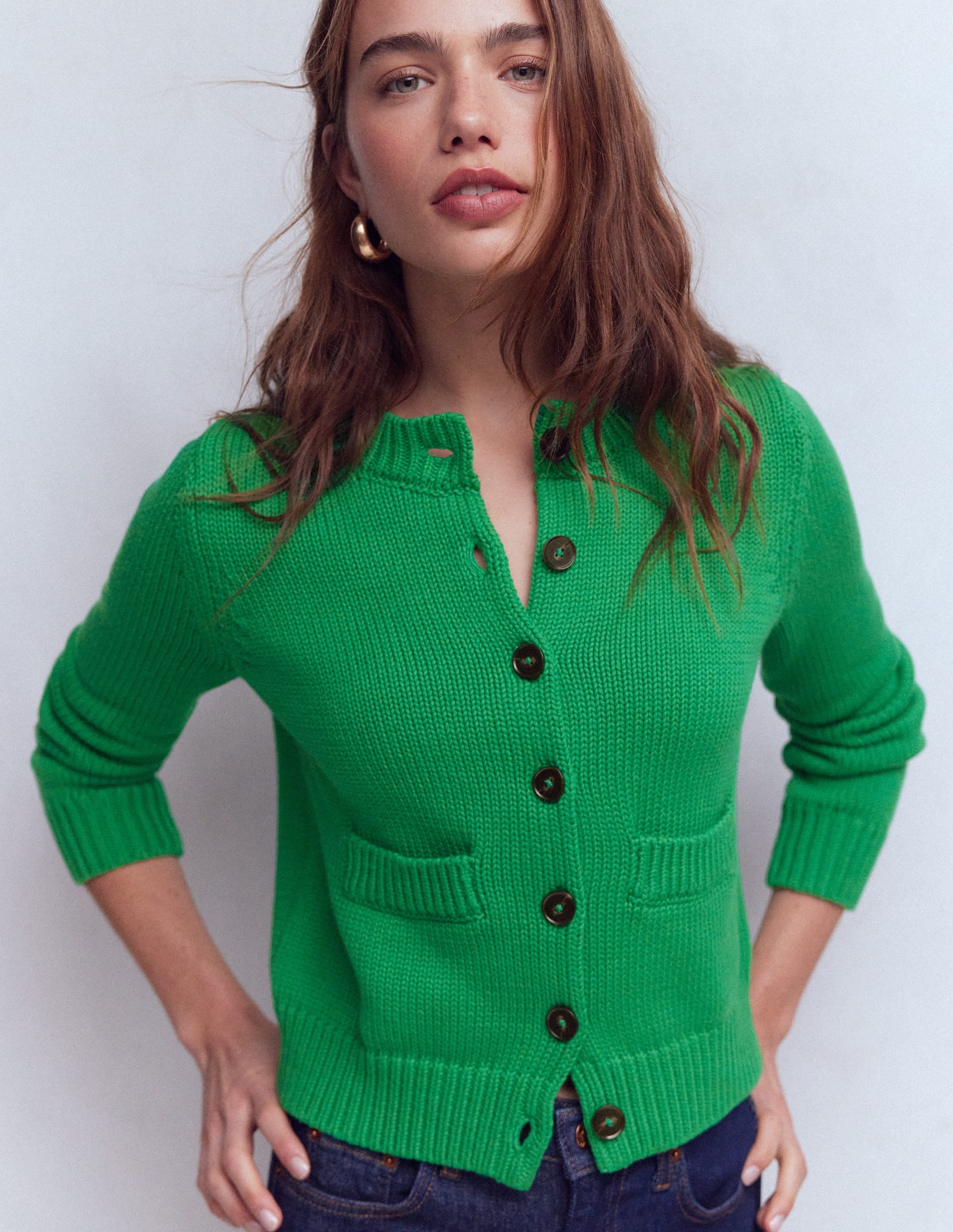 Lucy Chunky Cotton Cardigan - Rich Emerald | Boden USA