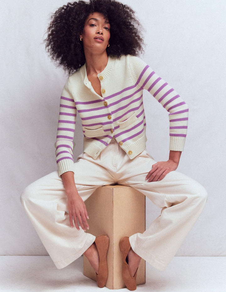 Lucy Chunky Cotton Cardigan-Warm Ivory/ Mulberry Purple
