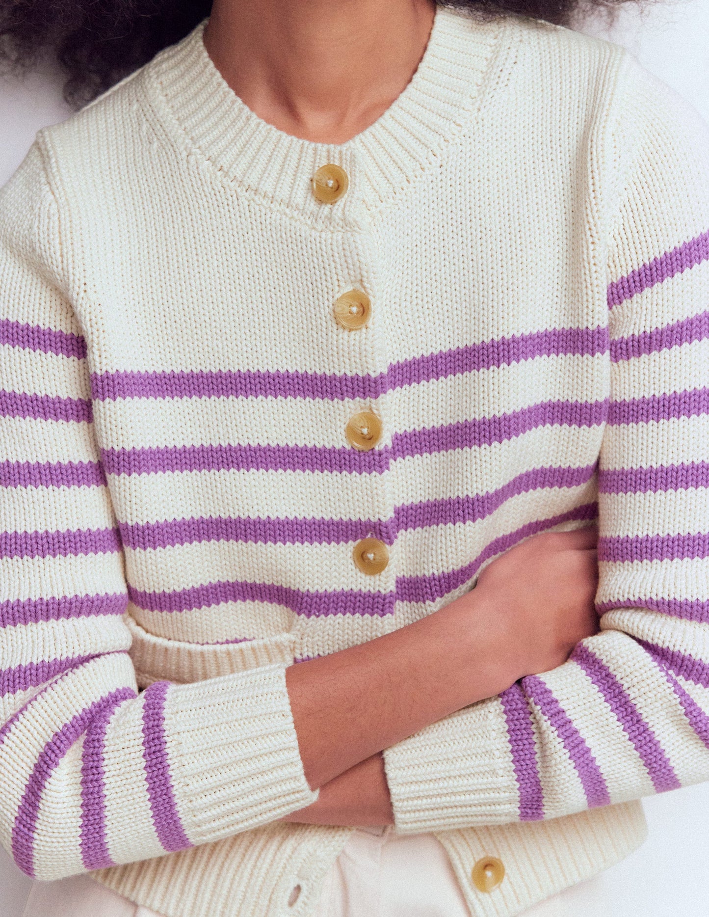 Lucy Chunky Cotton Cardigan-Warm Ivory/ Mulberry Purple