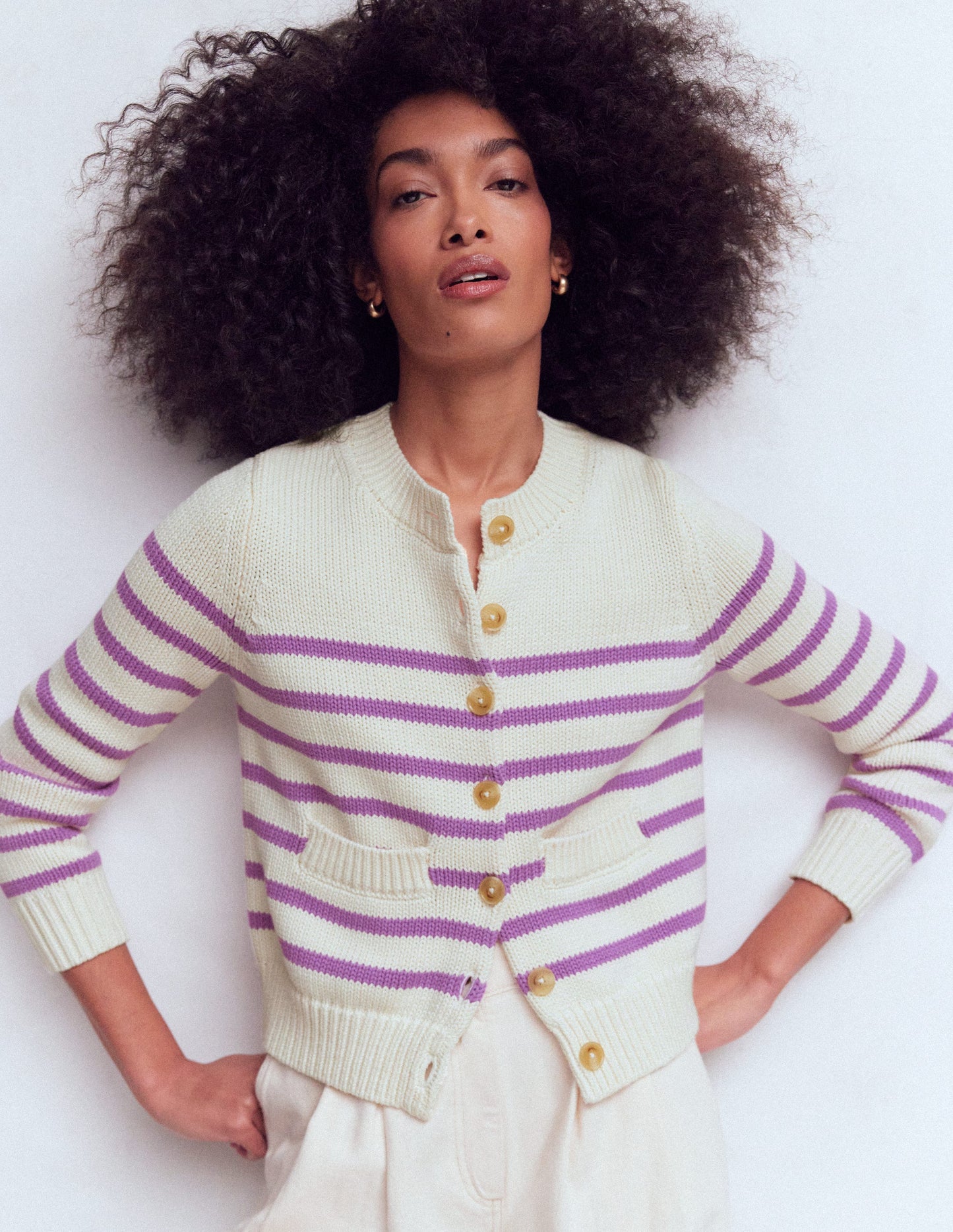 Lucy Chunky Cotton Cardigan-Warm Ivory/ Mulberry Purple