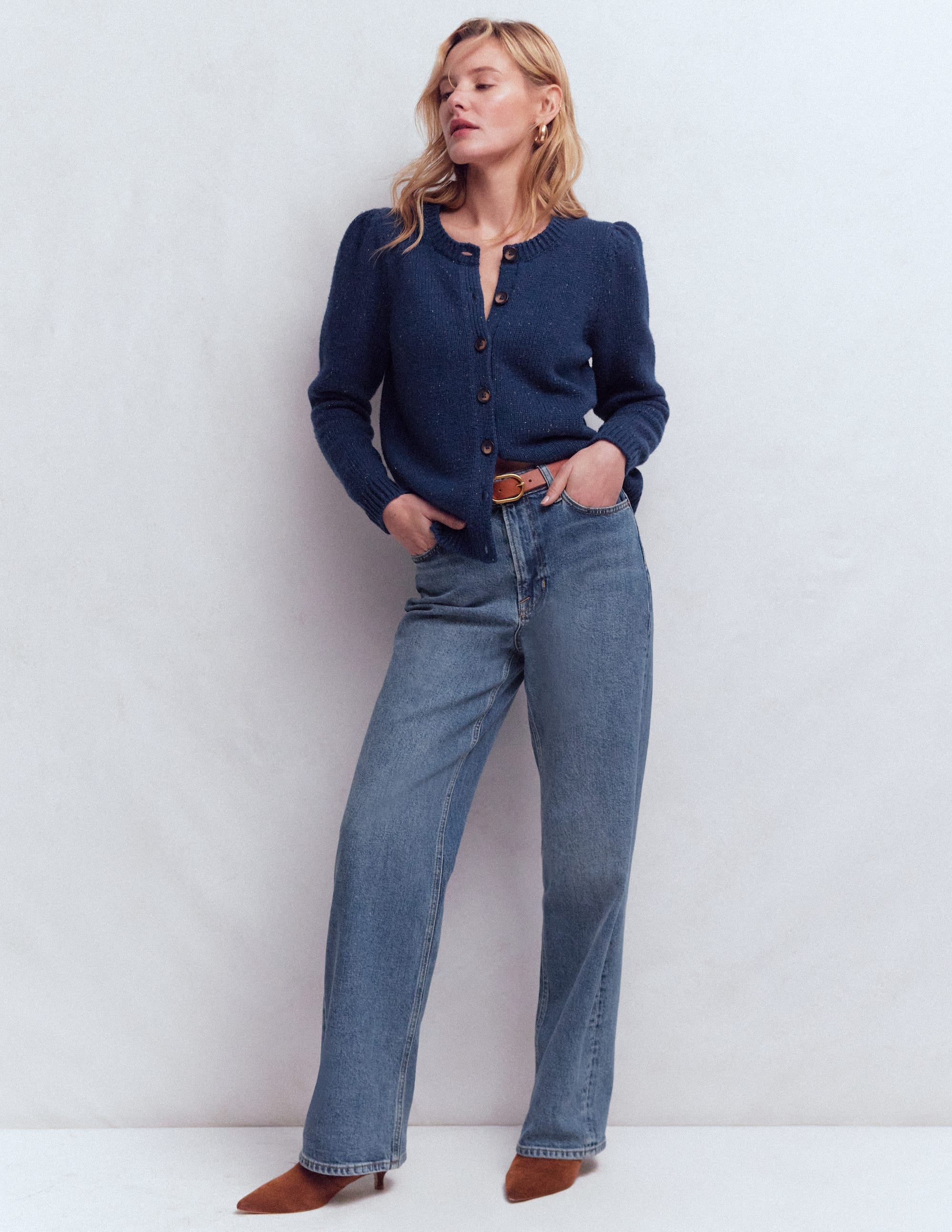 Davina Puff Sleeve Cardigan - Blue, Nep | Boden USA