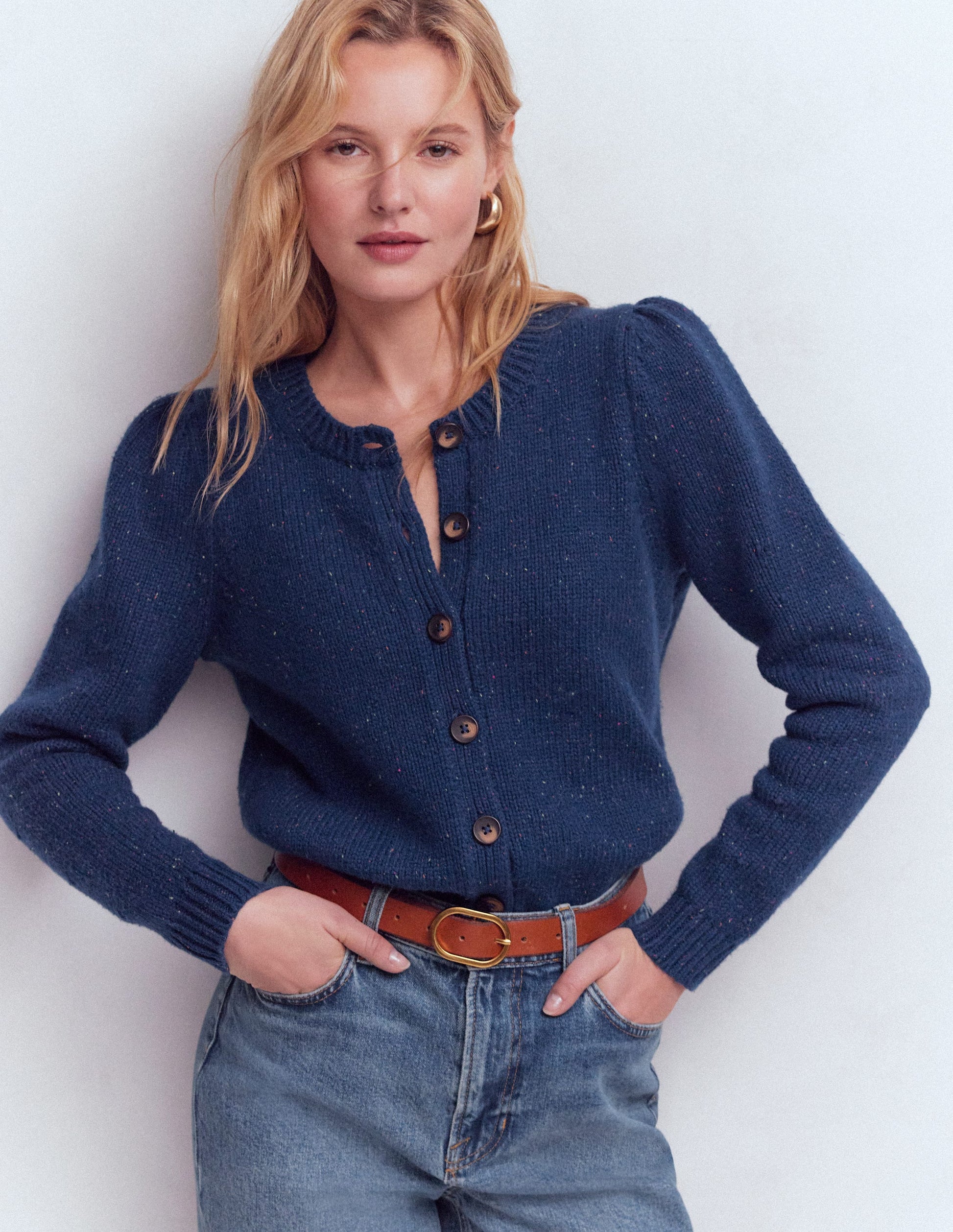 Davina Puff Sleeve Cardigan-Blue, Nep-5