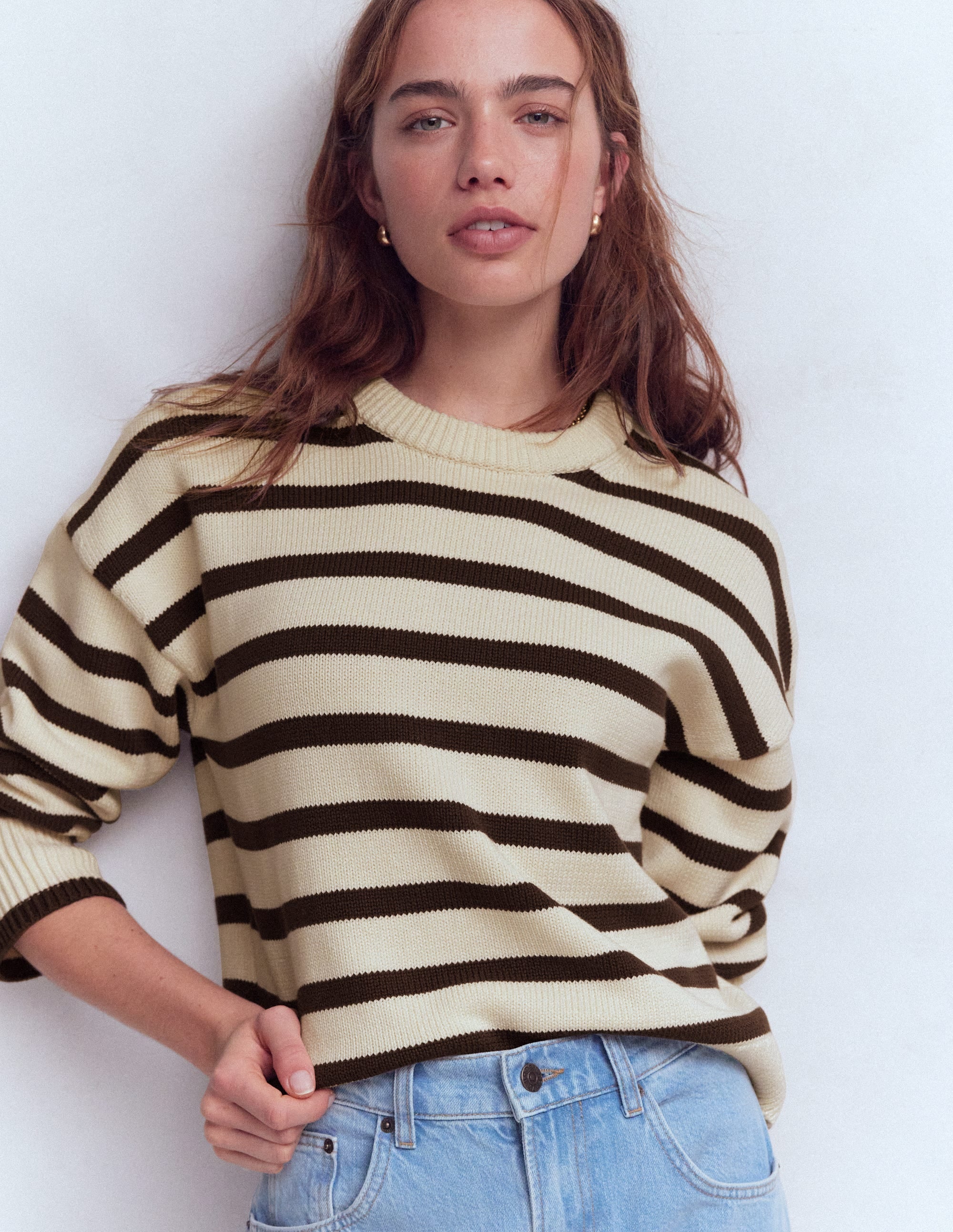 Lucy Relaxed Cotton Sweater-Ivory, Brown - Image 1