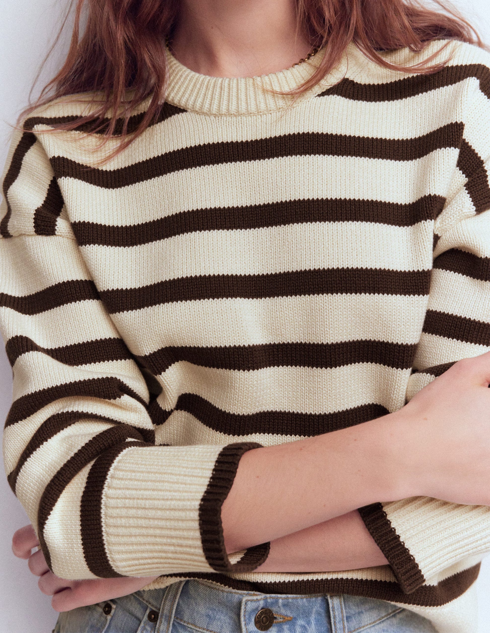 Lucy Relaxed Cotton Sweater-Ivory, Brown-2