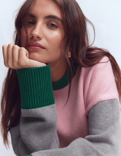 Lucy Relaxed Cotton Sweater-Pink, Grey, Green-2