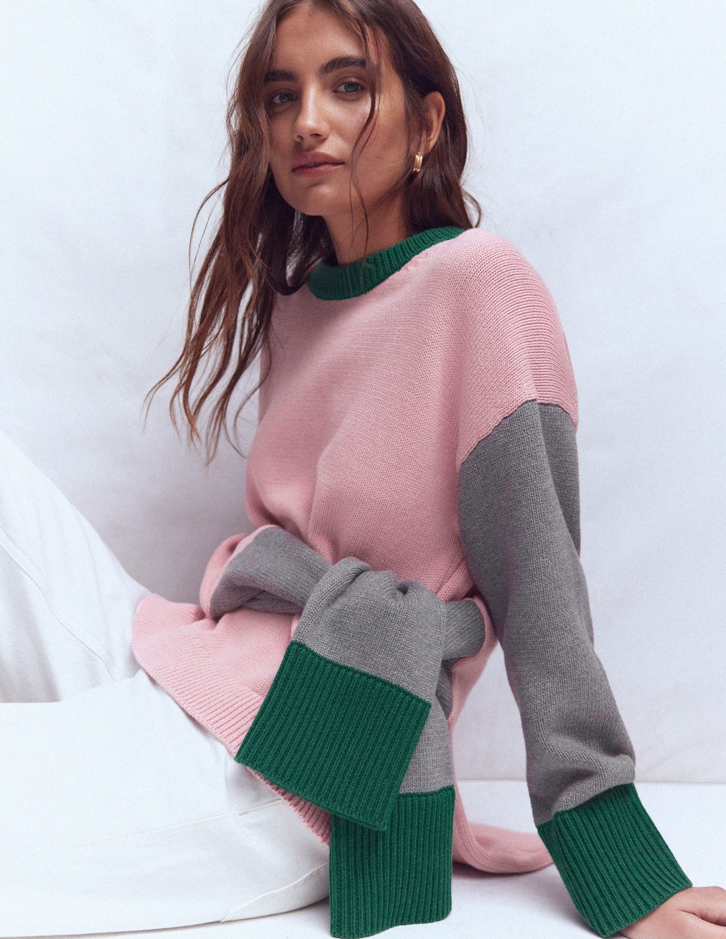 Lucy Relaxed Cotton Sweater-Pink, Grey, Green