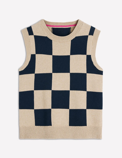 Lucy Cotton Vest-Camel / Navy Check-5