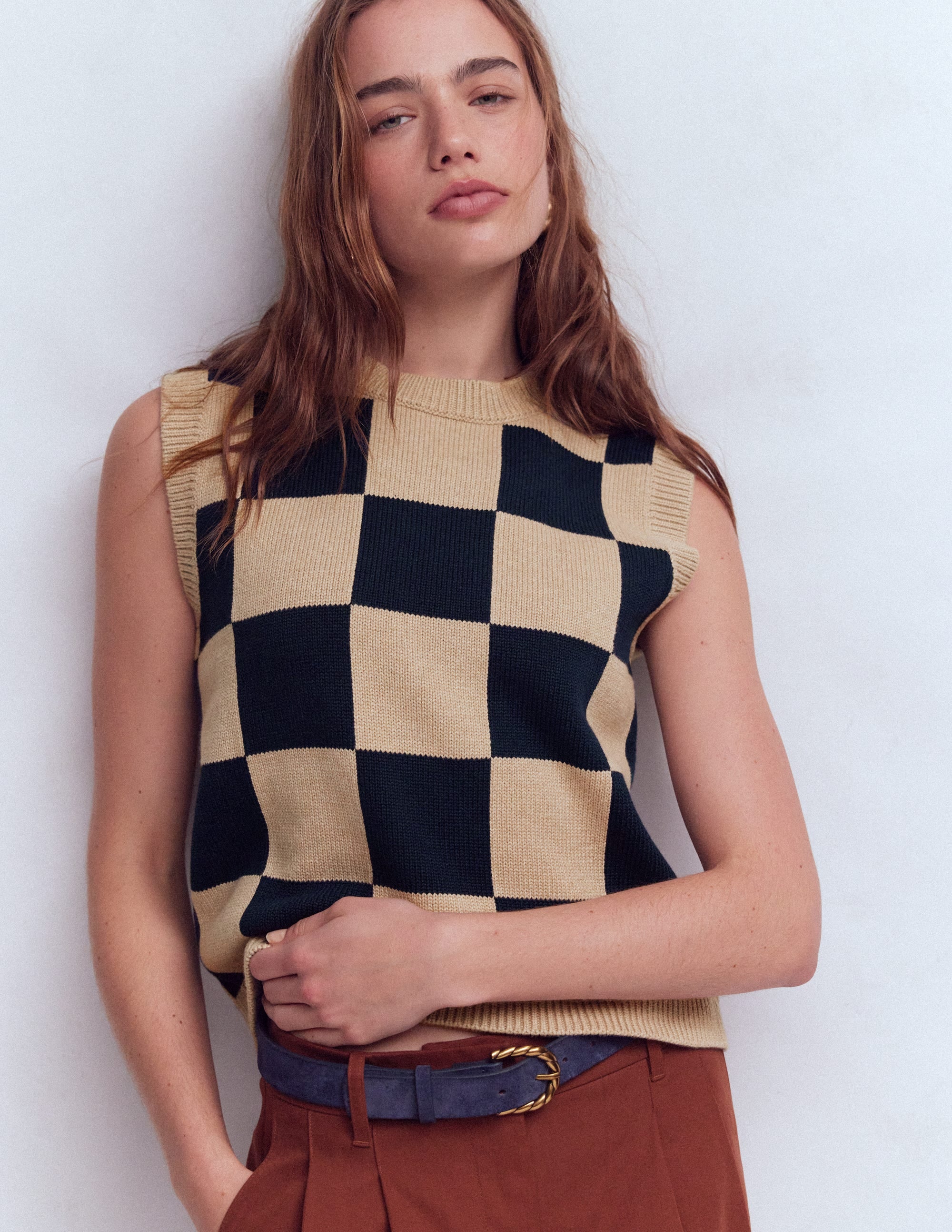 Lucy Cotton Vest - Camel / Navy Check | Boden USA