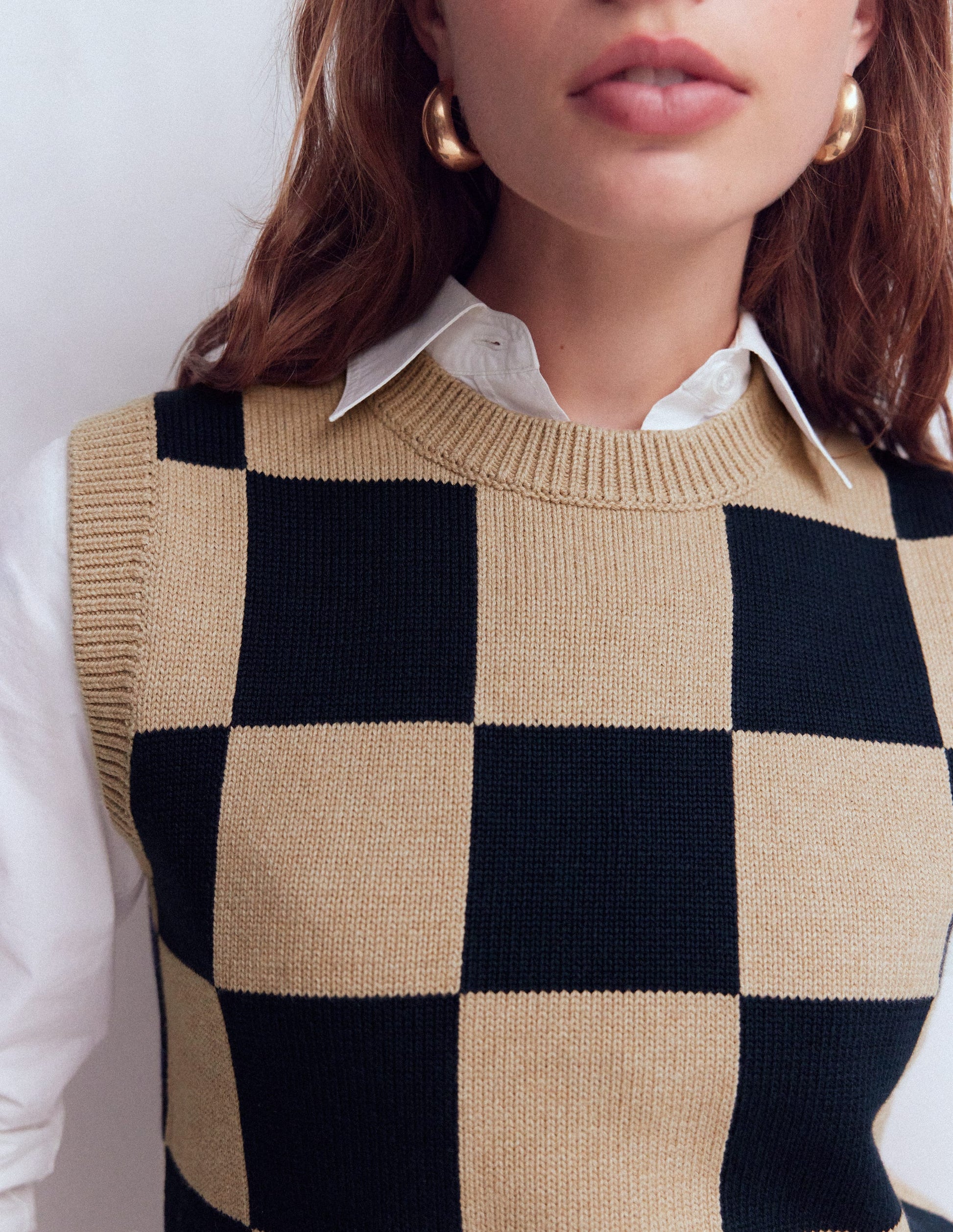 Lucy Cotton Vest-Camel / Navy Check-2