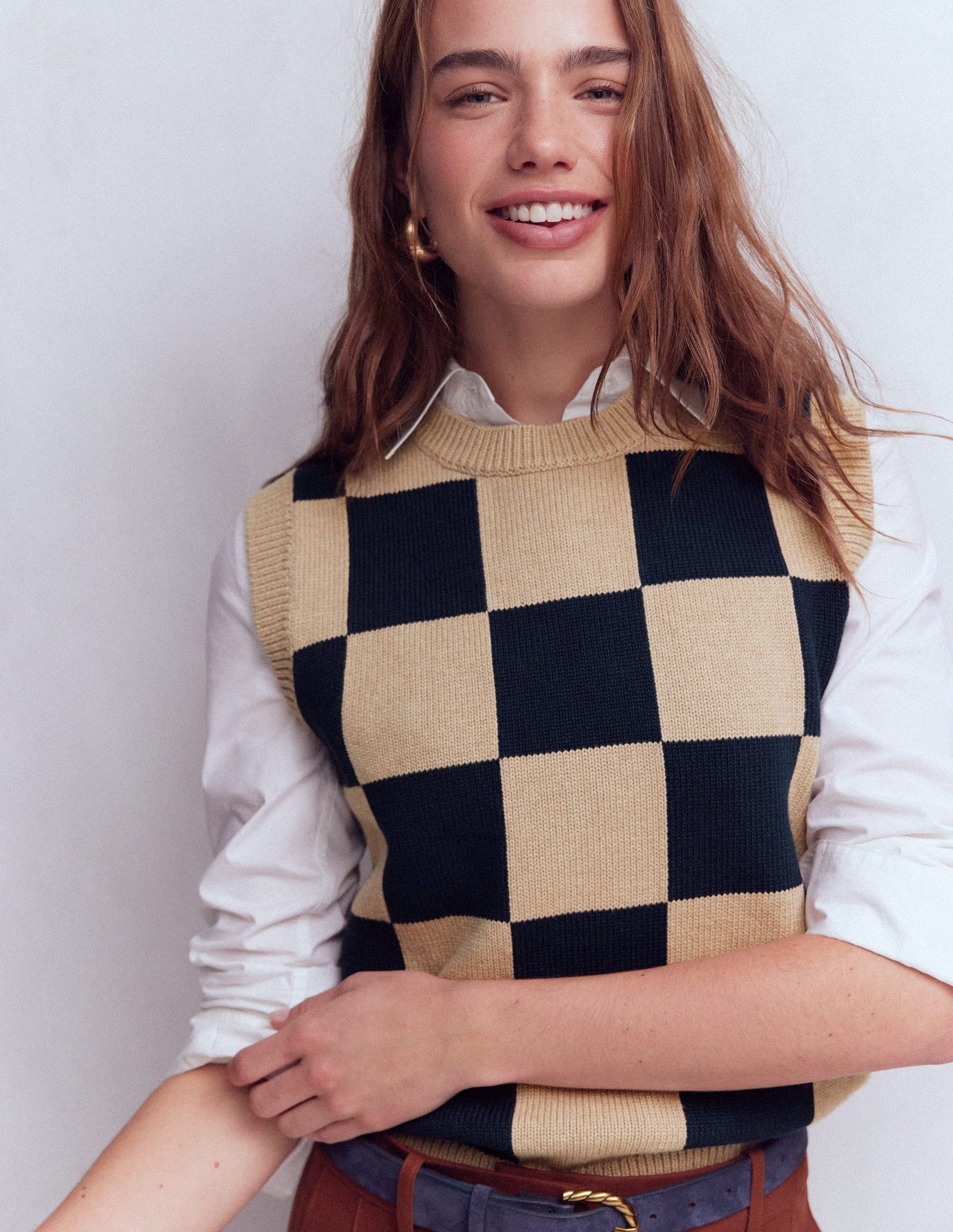 Lucy Cotton Vest-Camel / Navy Check-4