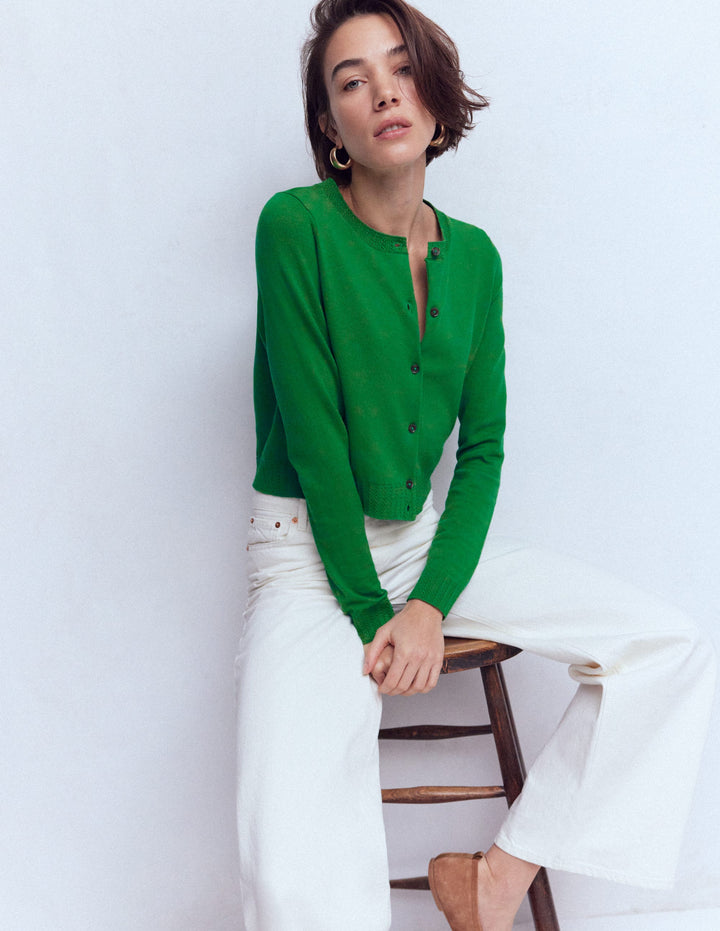 Emilia Cotton Cropped Cardigan-Rich Emerald