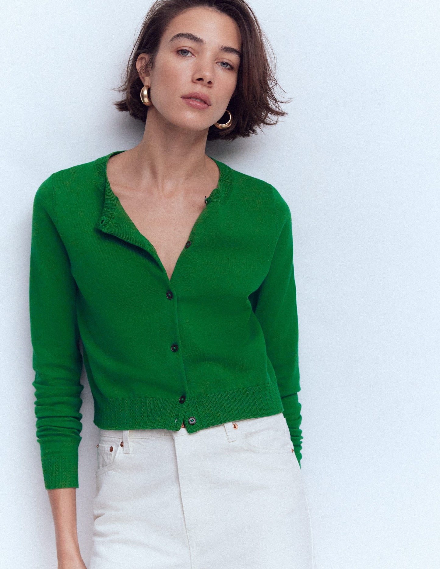 Emilia Cotton Cropped Cardigan-Rich Emerald