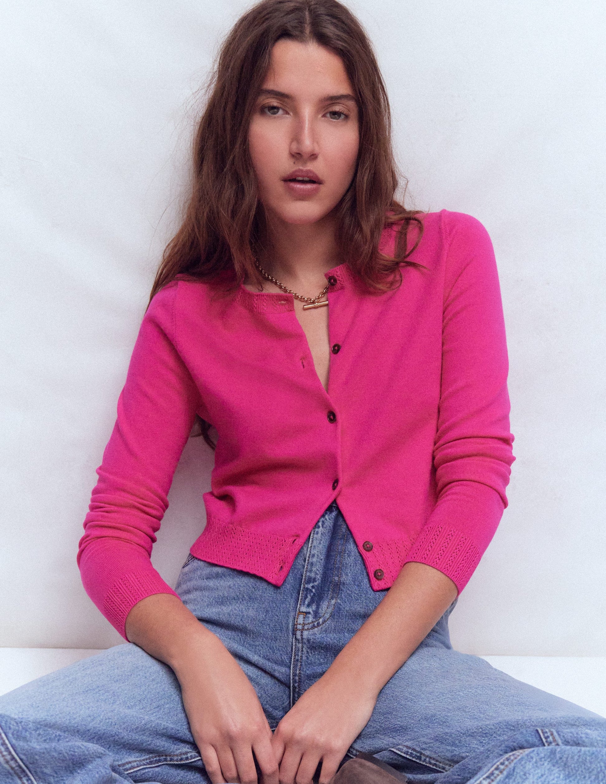 Emilia Cotton Cropped Cardigan-Pink Peony-1