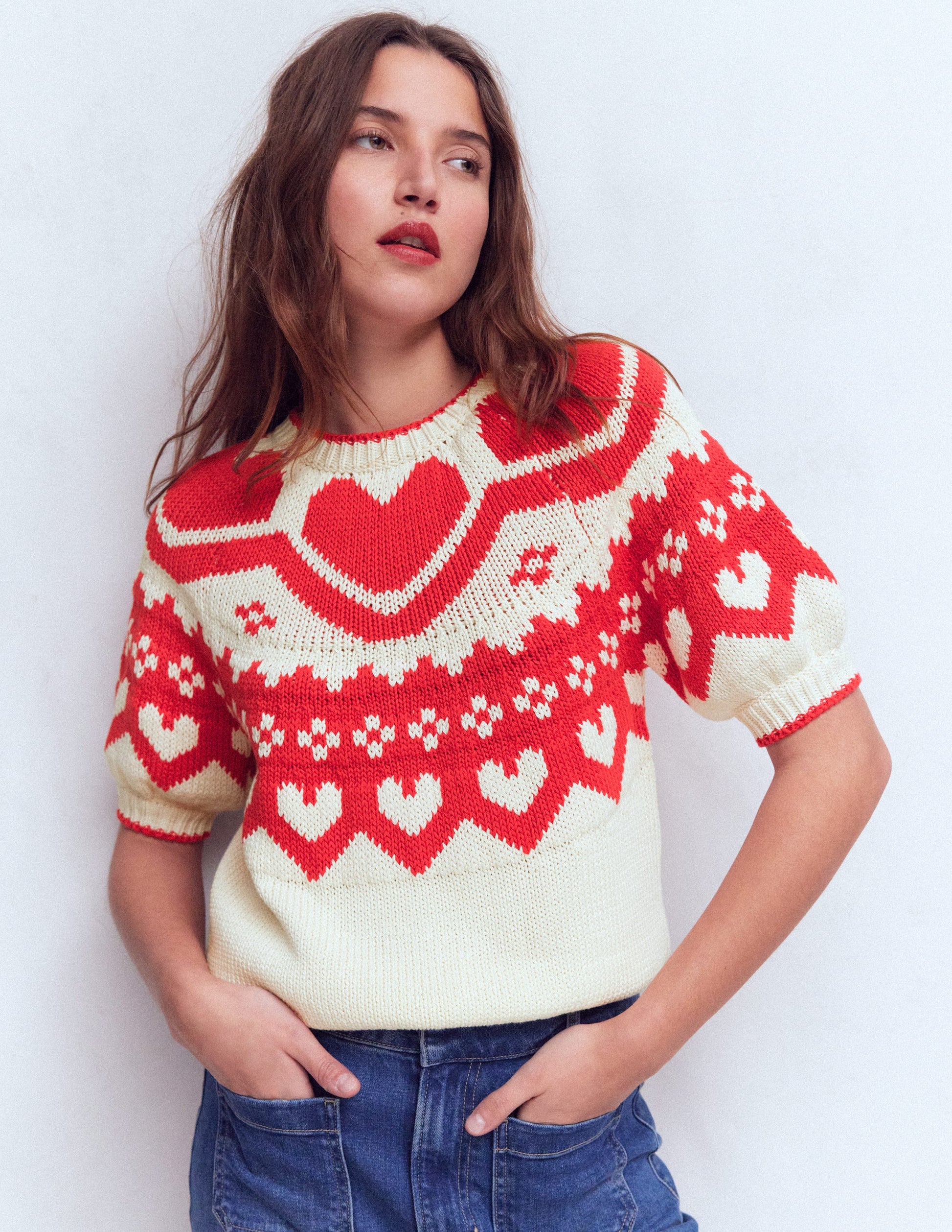 Margot Puff Sleeve T-Shirt-Warm Ivory Hearts | Boden USA Margot Puff Sleeve T-Shirt-Warm Ivory Hearts | Boden USA
