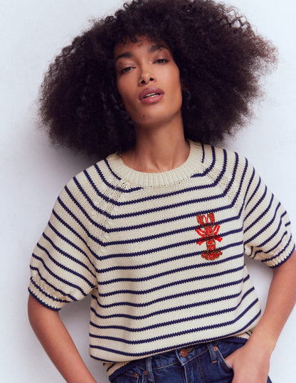 Margot Puff Sleeve T-Shirt-Ivory/ Navy Lobster-2