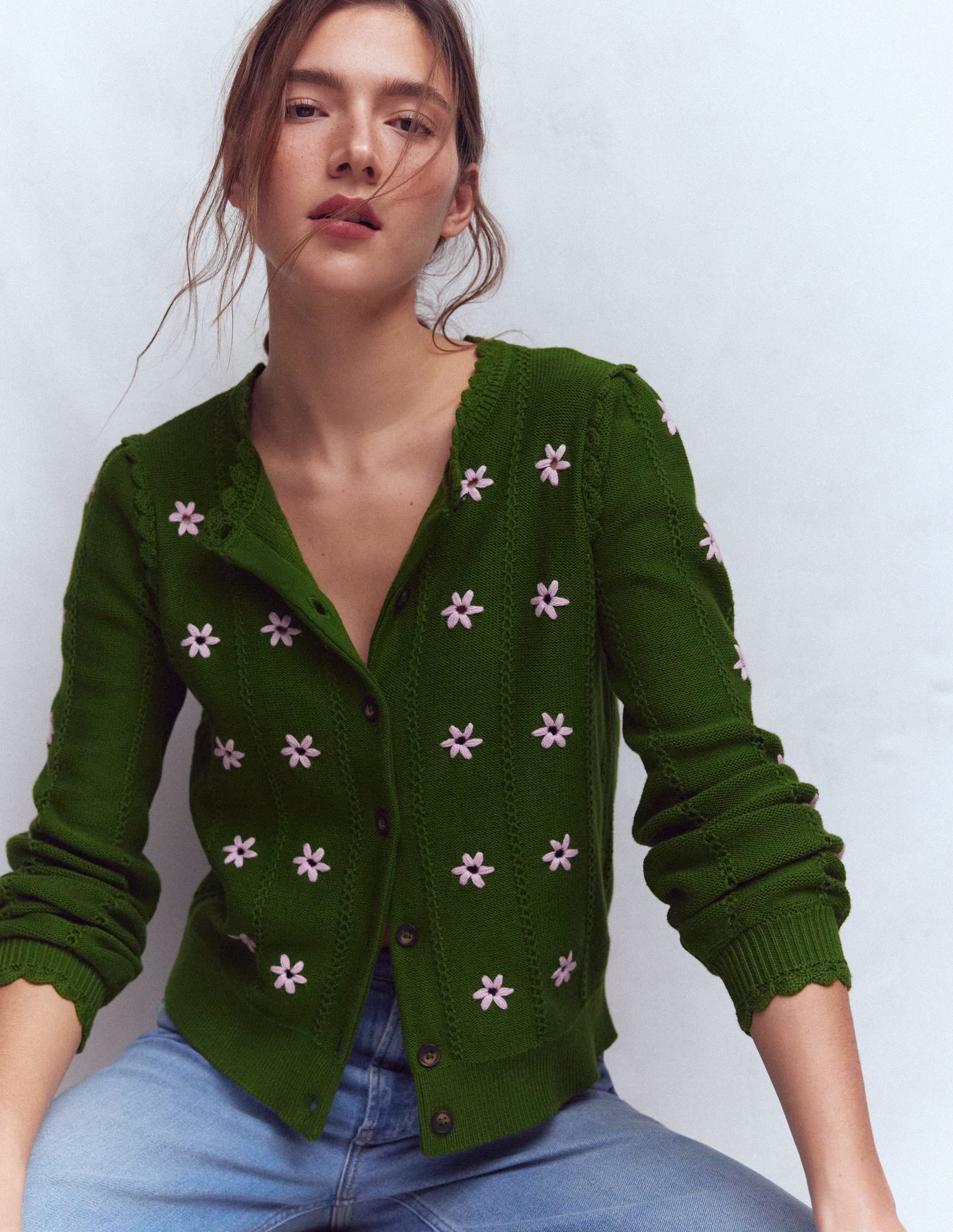 Valeria Crochet Trim Cardigan-Promenade Green , Embroidery | Boden USA