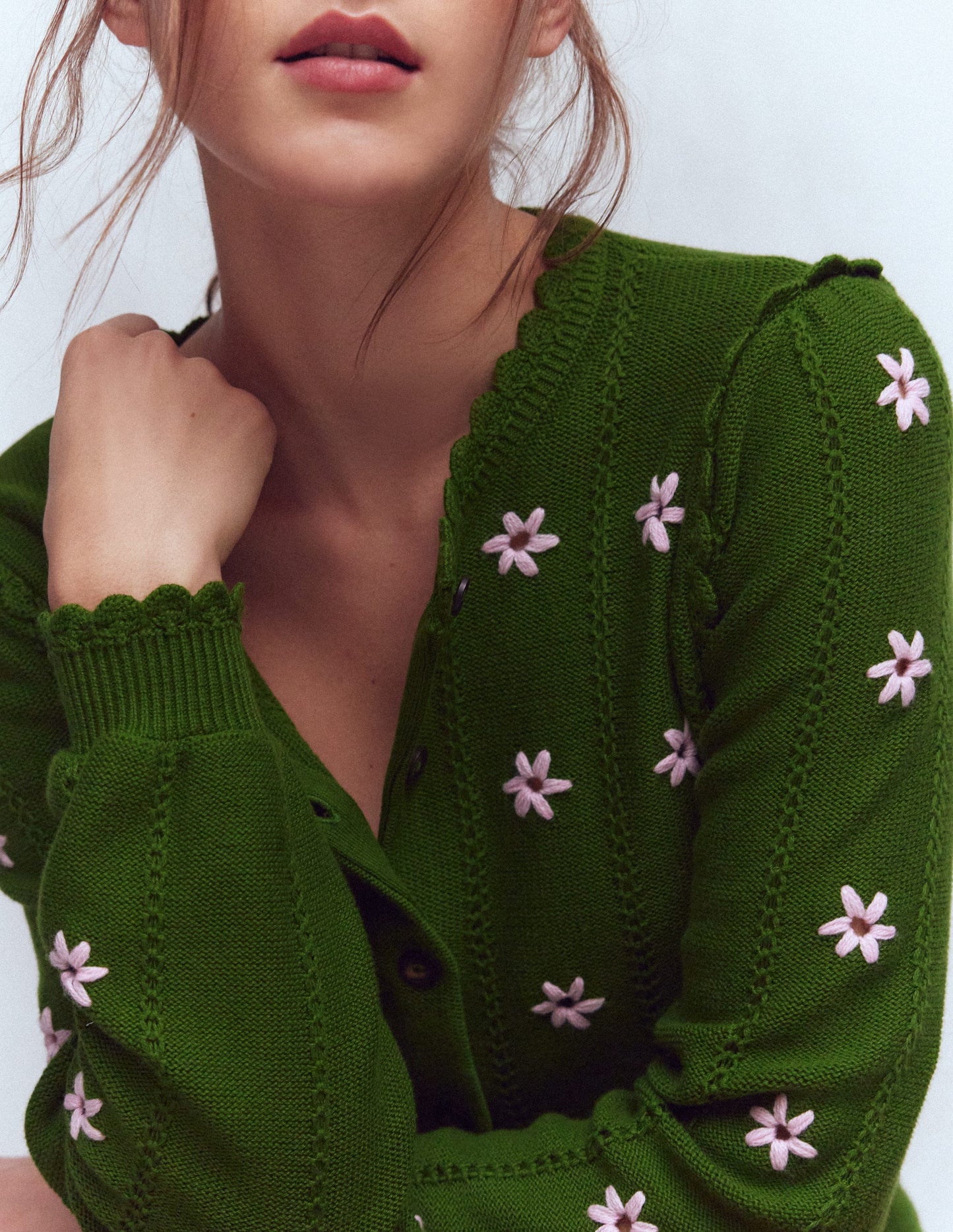 Valeria Crochet Trim Cardigan-Promenade Green , Embroidery