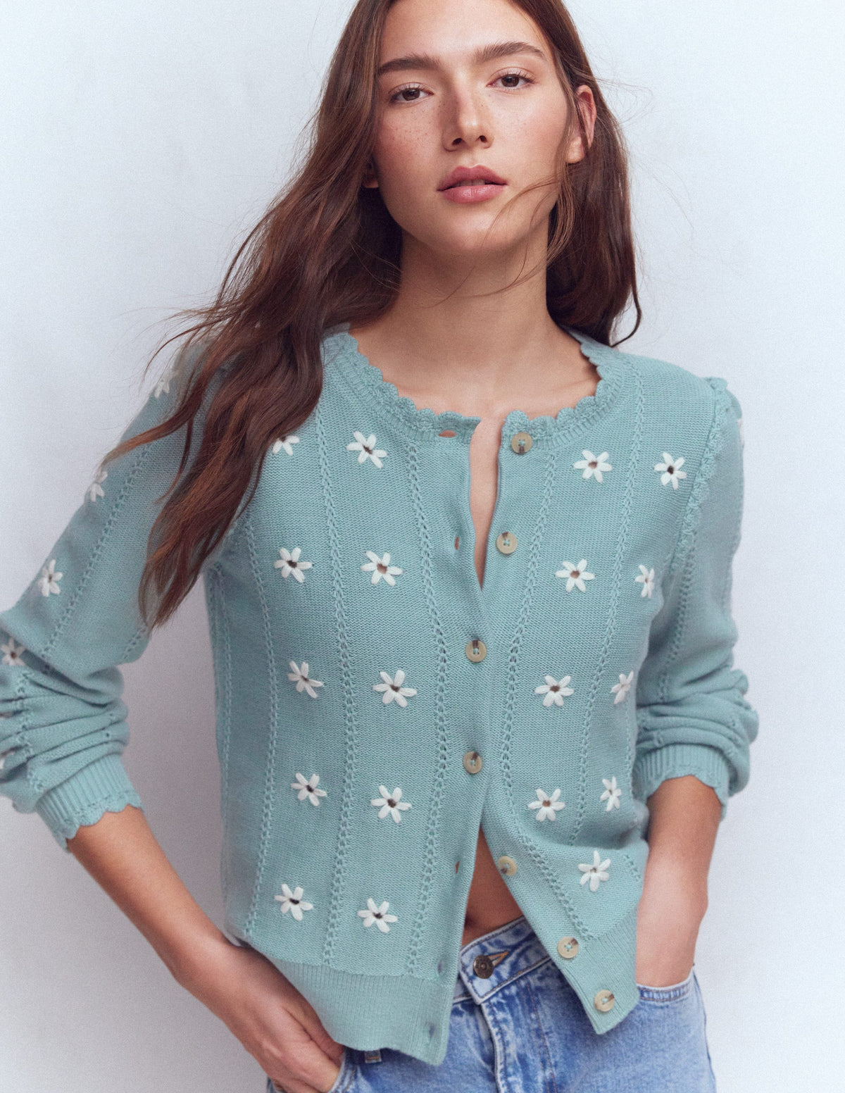 Valeria Crochet Trim Cardigan-Seamist Blue, Embroidery - Image 4