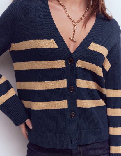 Lucy Relaxed Cotton Cardigan-Navy/ Camel Melange-2