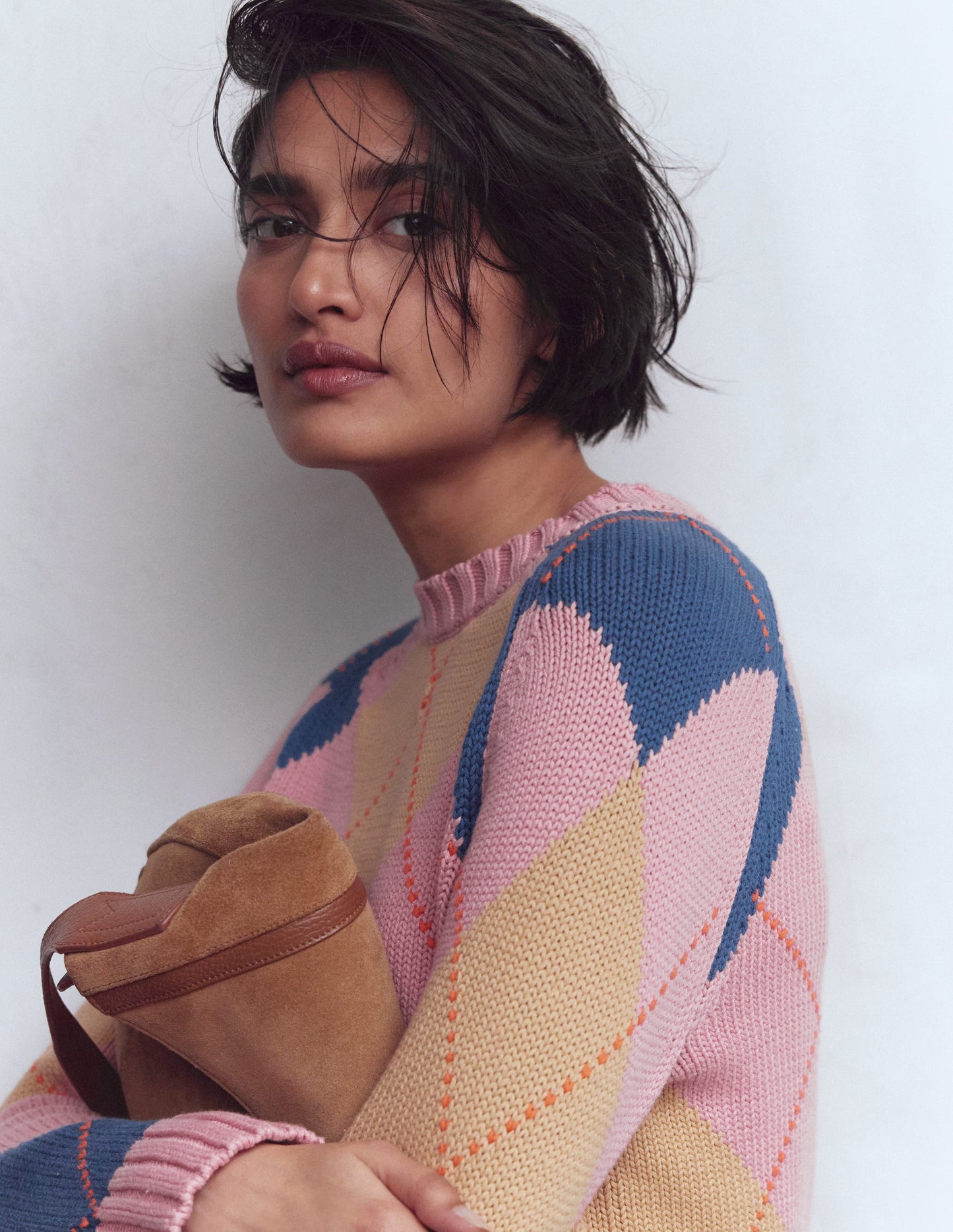 Camilla Cotton Argyle Sweater-Pink Argyle