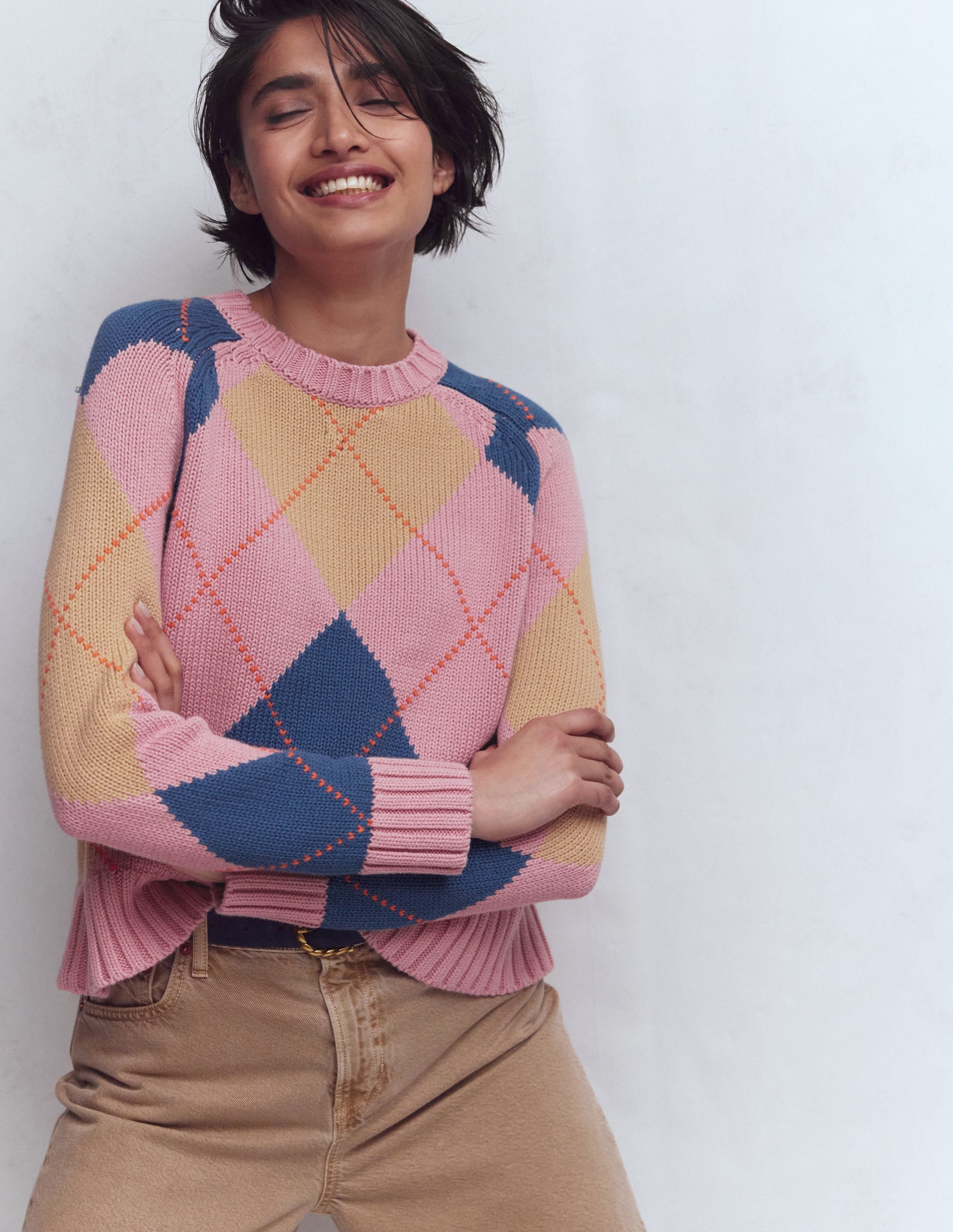 Camilla Cotton Argyle Sweater-Pink Argyle - Image 2