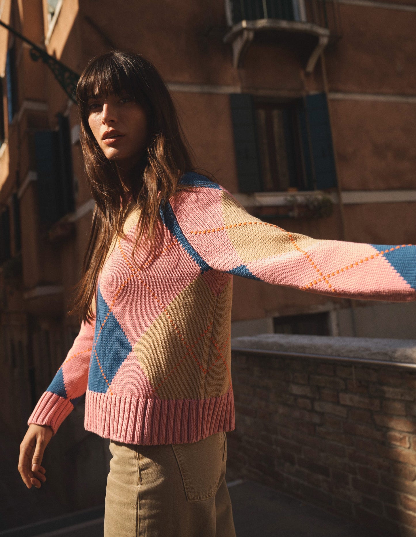 Camilla Cotton Argyle Sweater-Pink Argyle