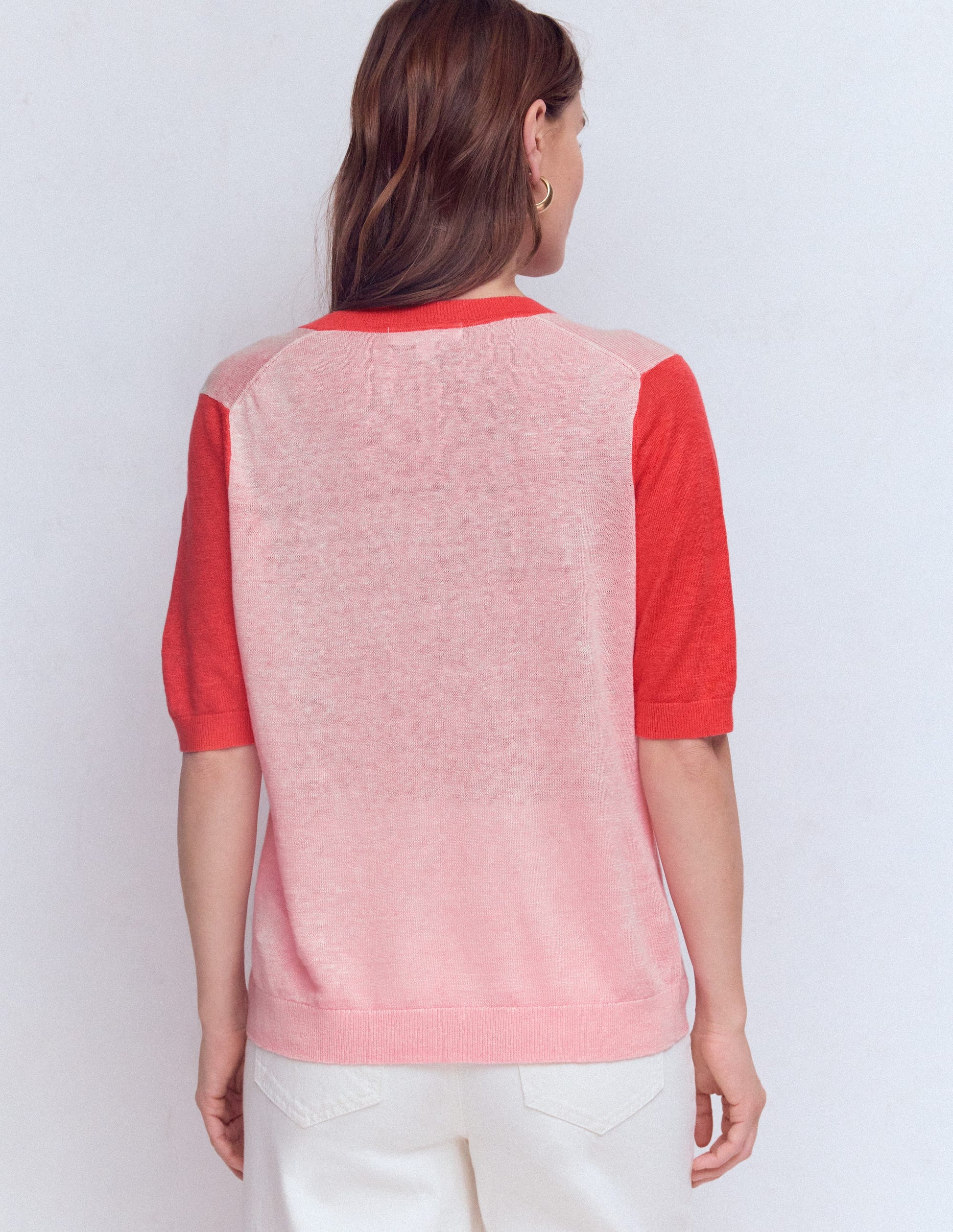 Agnes Linen V Neck T-Shirt-Pink Colour Block-3