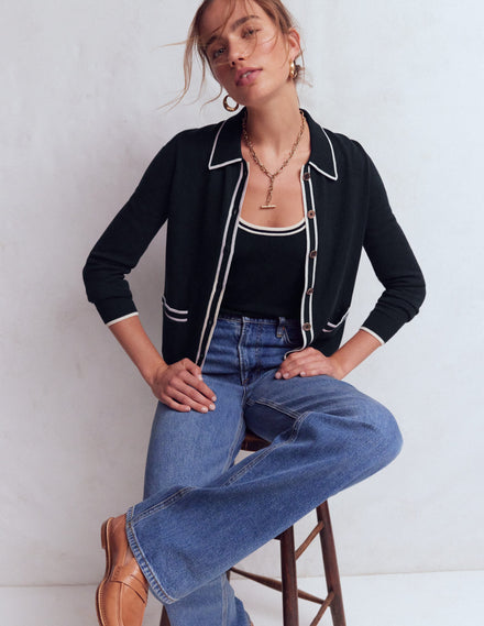 Liz Knitted Collared Cardigan-Navy