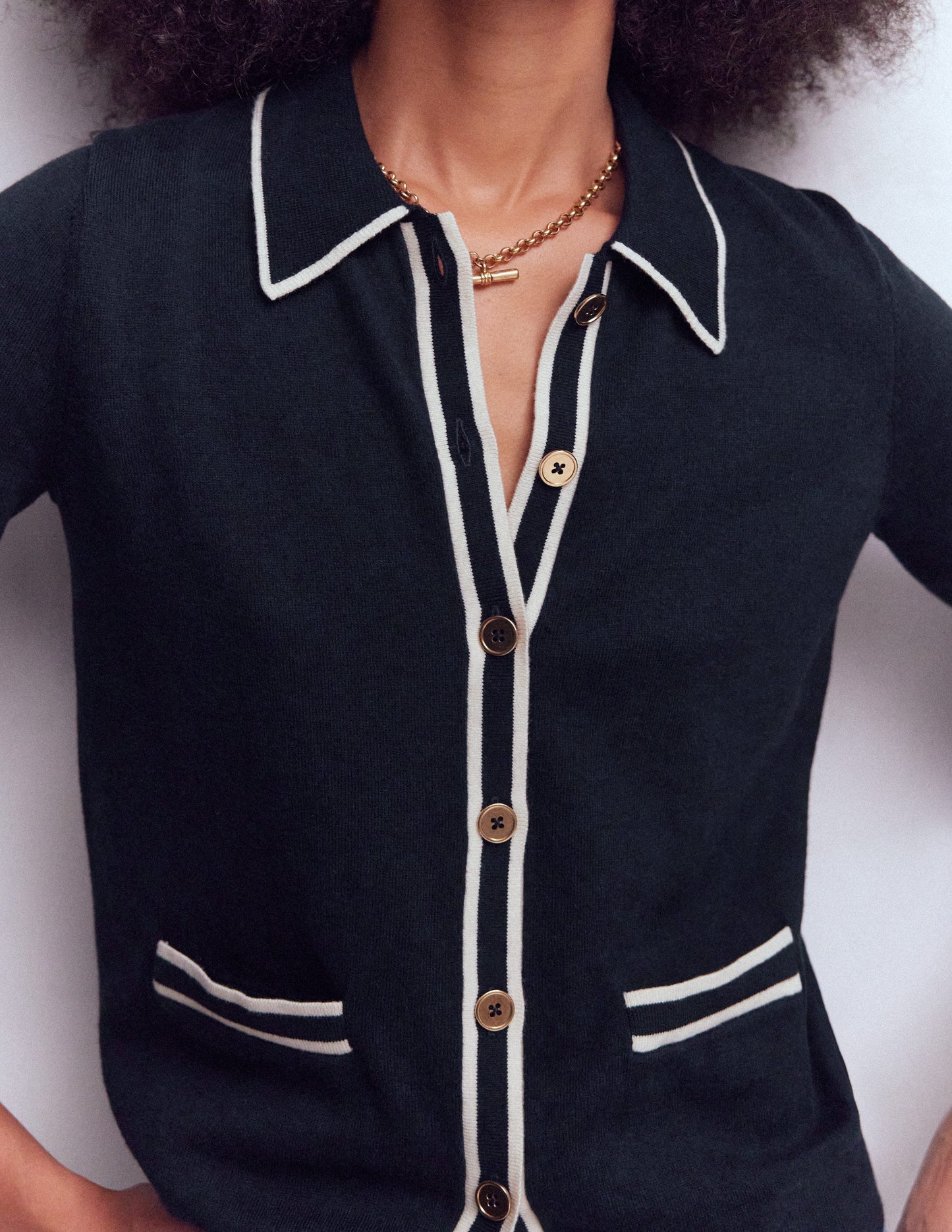 Liz Striped Collared Cardigan-Navy
