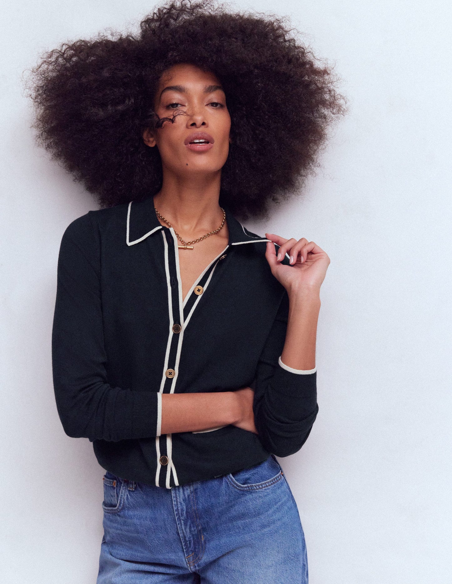 Liz Striped Collared Cardigan-Navy