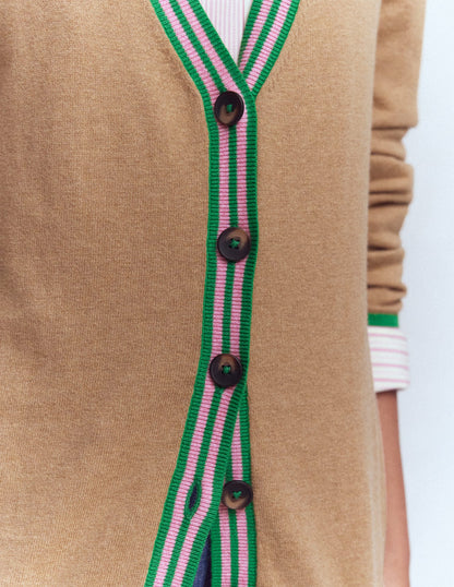 V Neck Longline Cardigan-Camel Melange-3