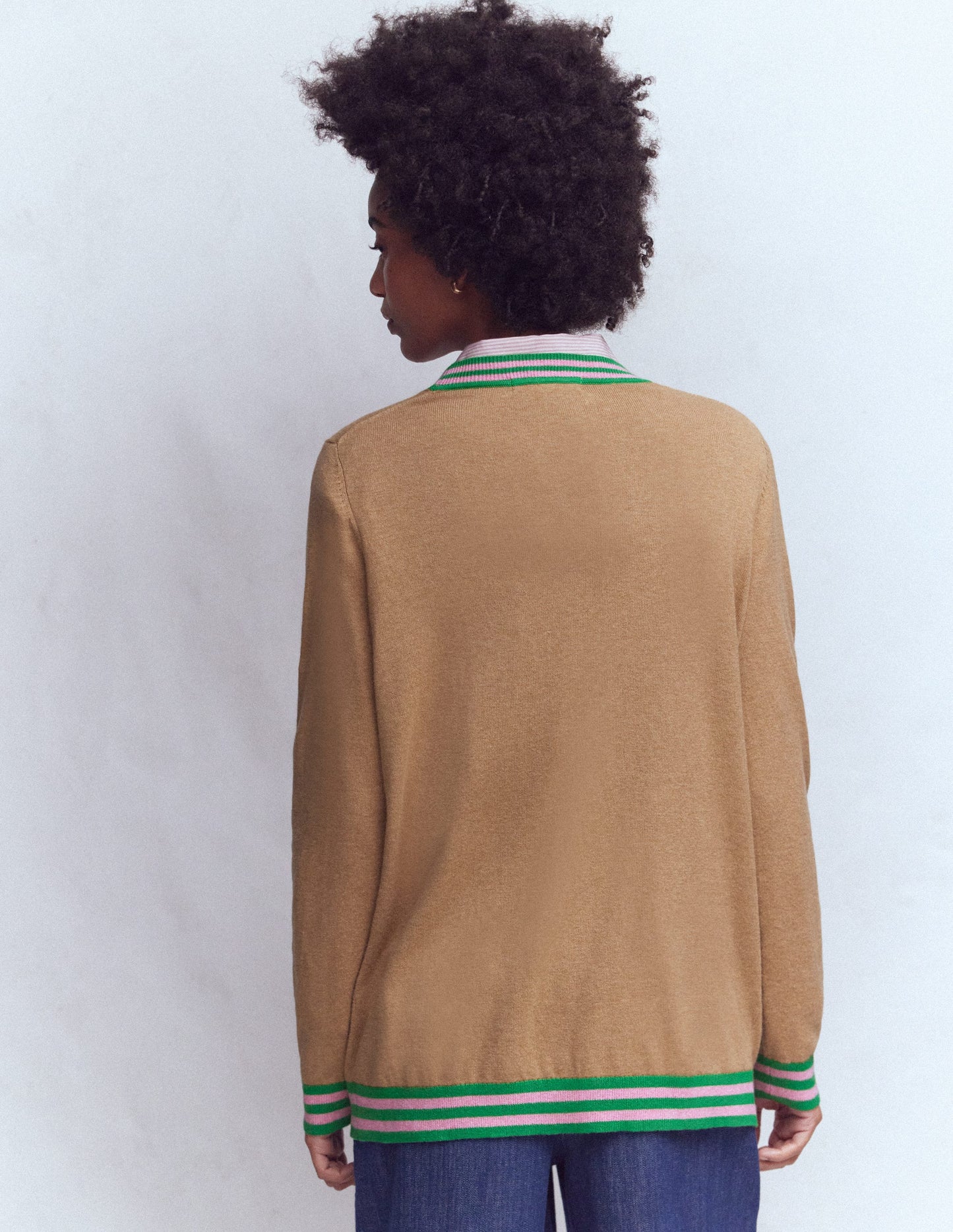 V Neck Longline Cardigan-Camel Melange