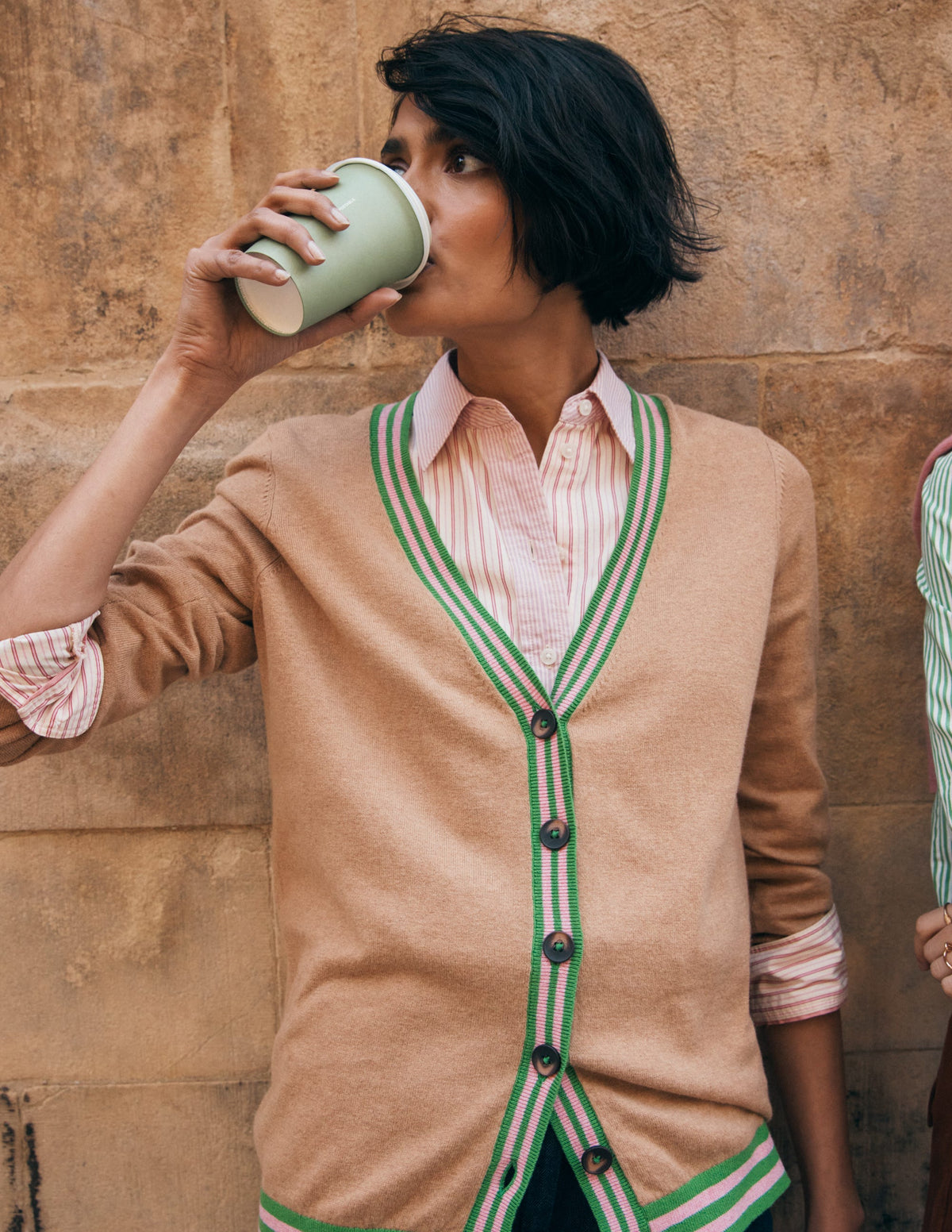 V Neck Longline Cardigan-Camel Melange - Image 7
