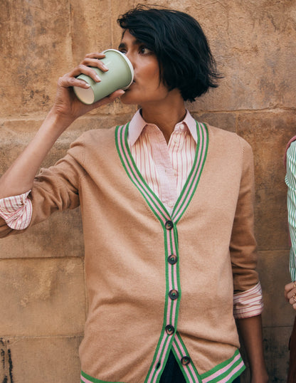 V Neck Longline Cardigan-Camel Melange-1