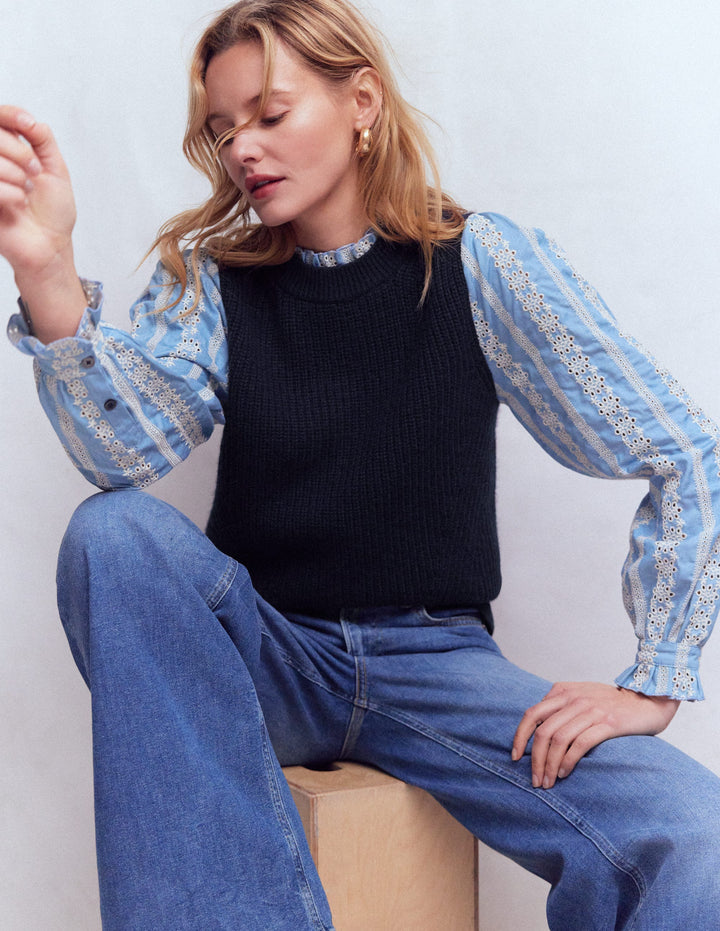 Knit and Woven Mix Jumper-Navy