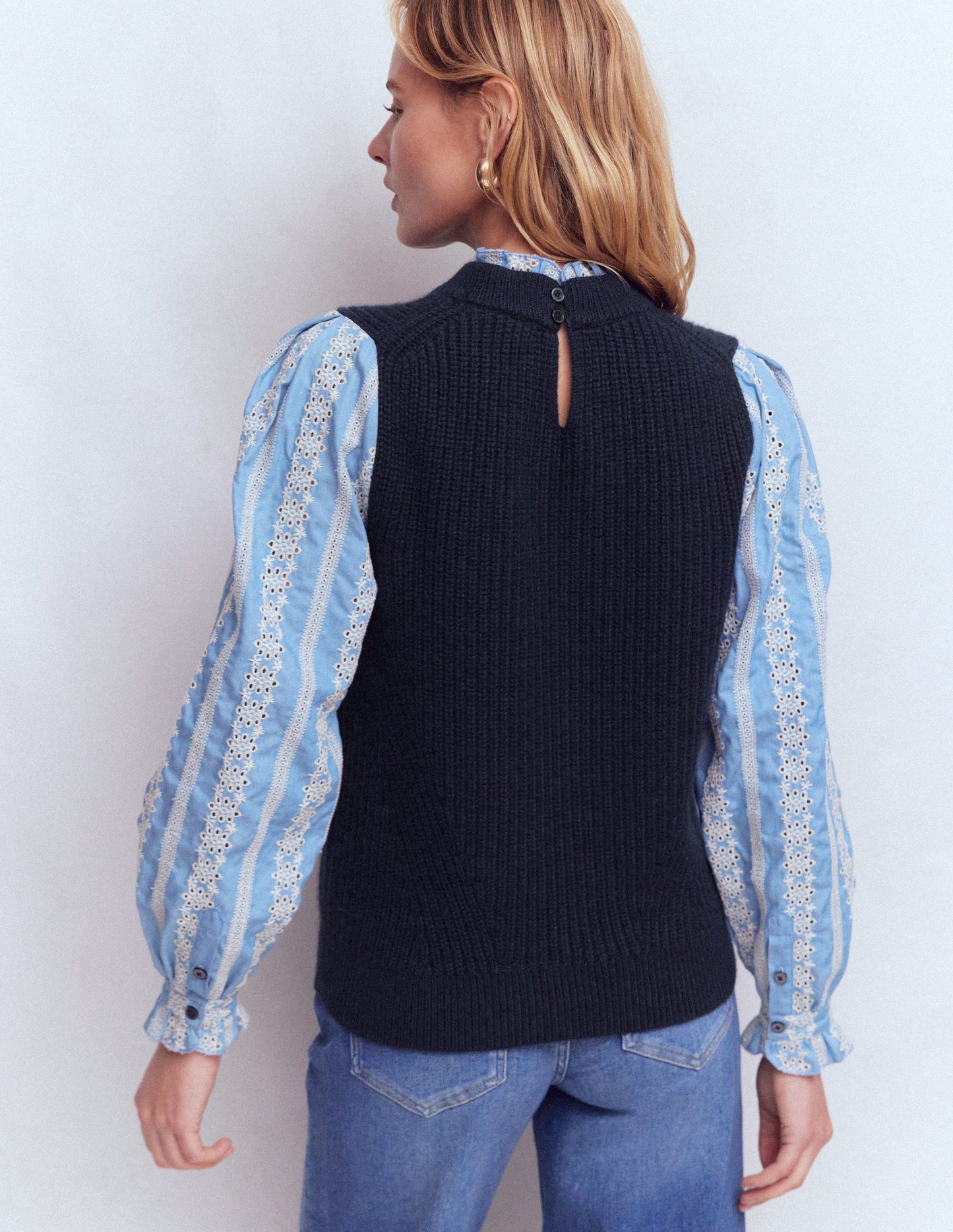 Knit and Woven Mix Jumper-Navy