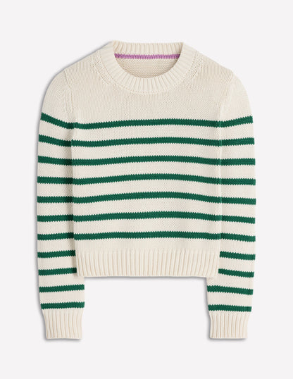 Lucy Chunky Cotton Sweater-Ivory and Jewel Green Stripe-5