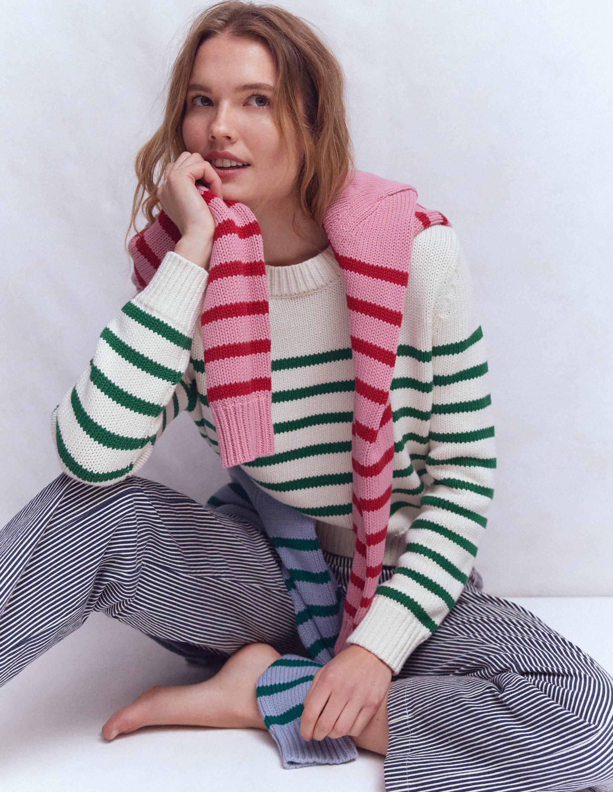 Lucy Chunky Cotton Sweater-Ivory and Jewel Green Stripe - Image 1