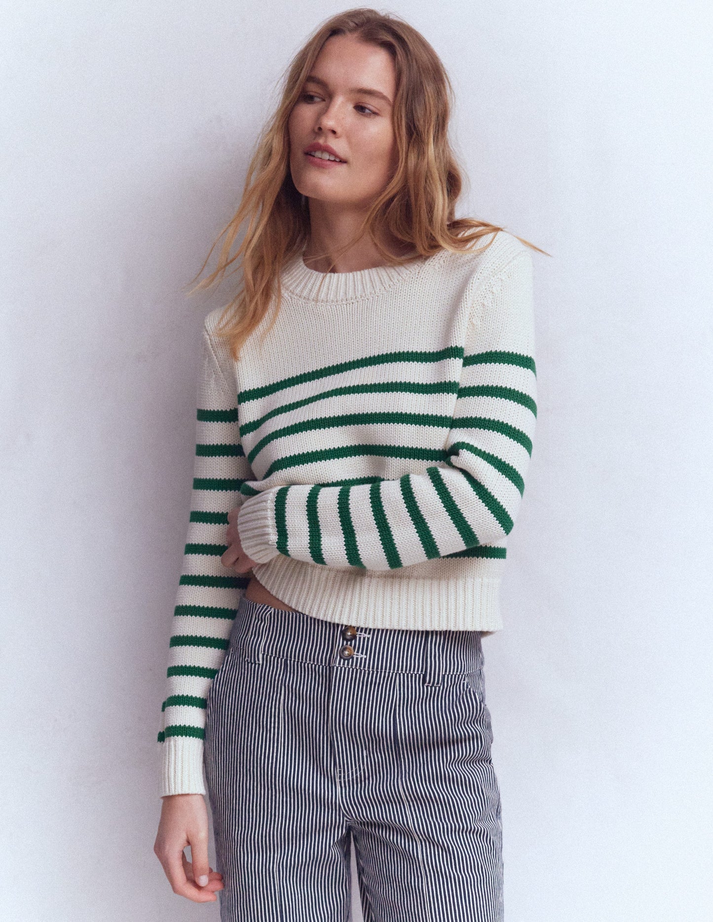 Lucy Chunky Cotton Sweater-Ivory and Jewel Green Stripe