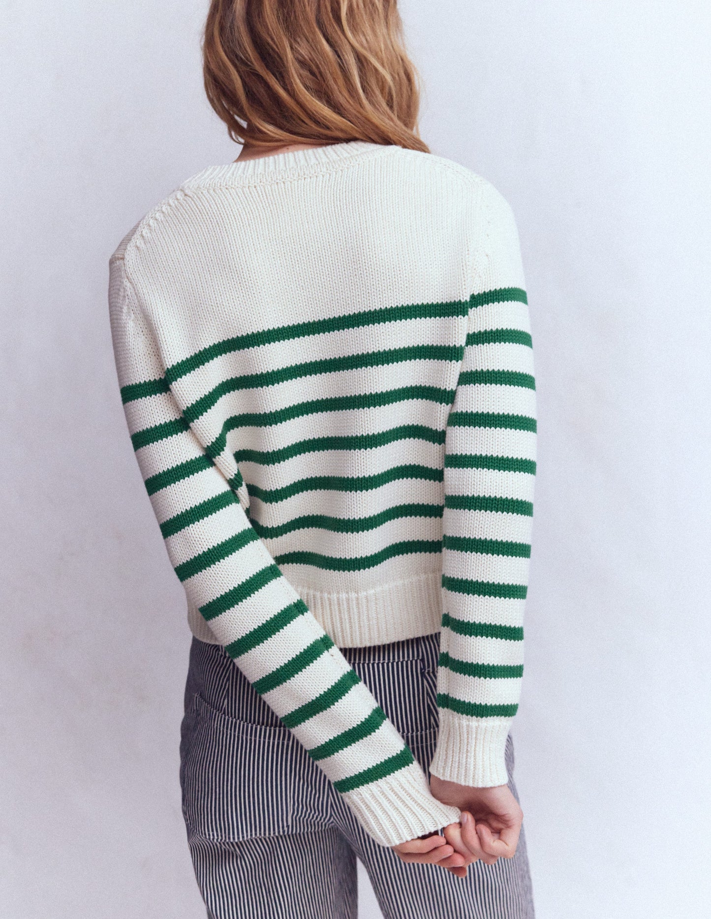Lucy Chunky Cotton Sweater-Ivory and Jewel Green Stripe